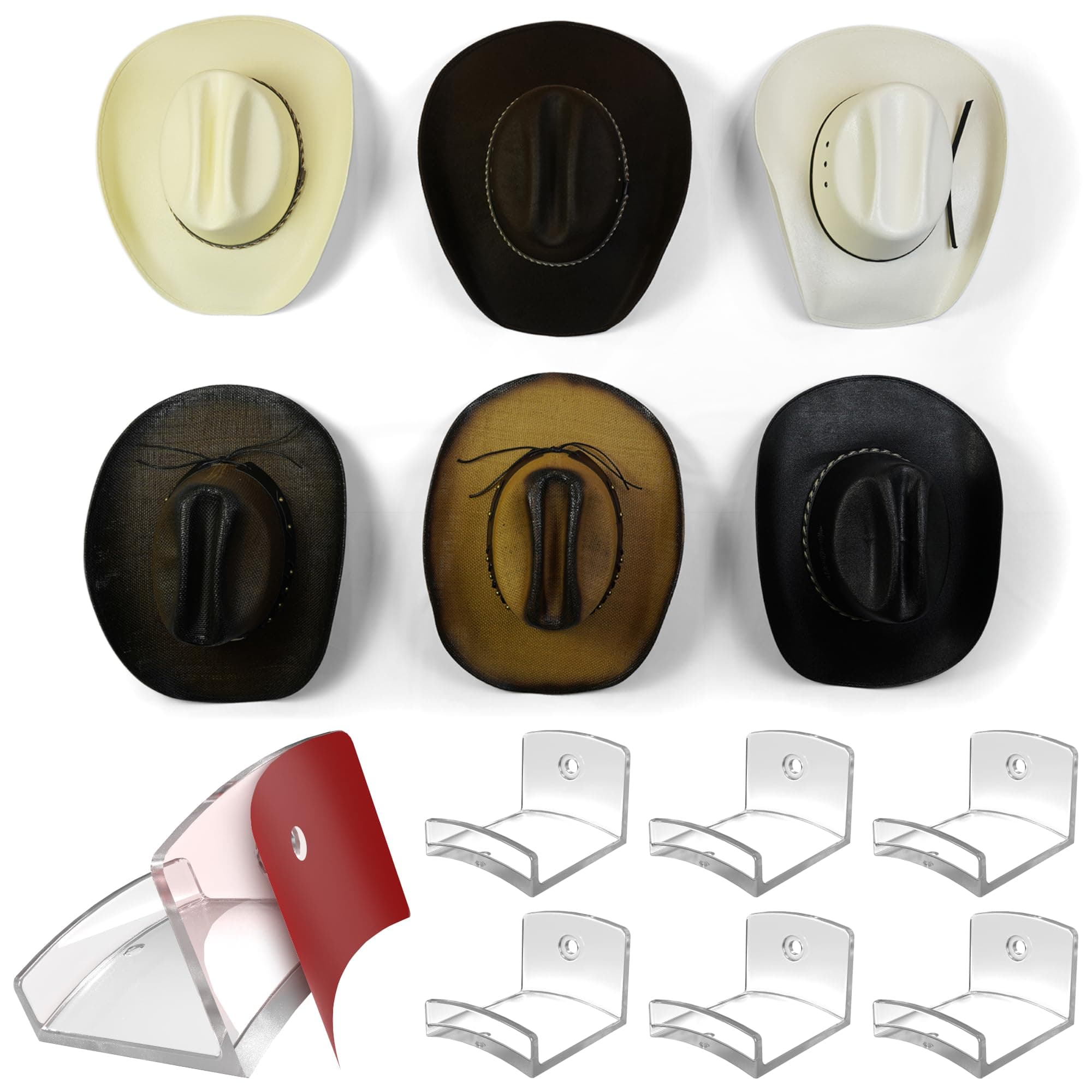 Modern JP Adhesive Hat Hooks for Wall (6-Pack) - Cowboy Hat Rack, Wide Brim Hat Organizer, Strong Hold Hat Hangers for Wall - Clear