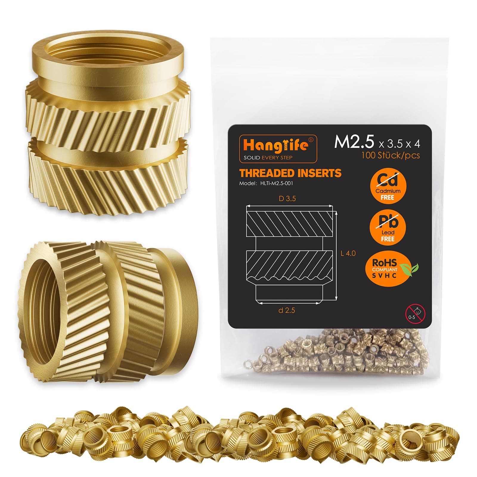 HANGLIFE Threaded Inserts for Plastic, M2.5 Heat Set Insert for 3D Printing Components and Plastic Parts - Brass Metric Knurled Nuts (100 Pieces)