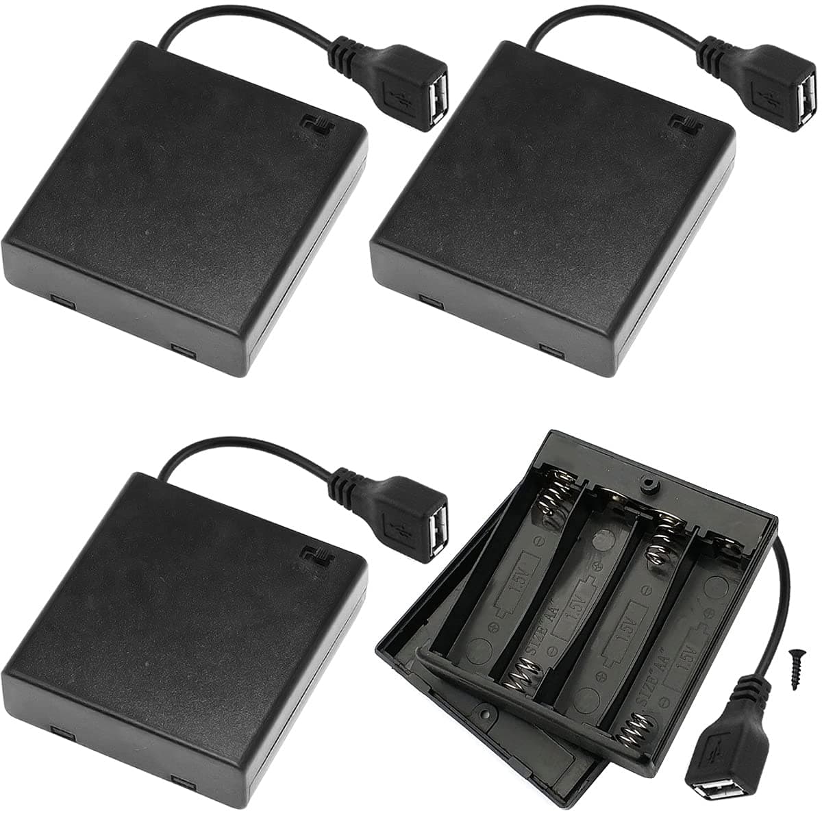 4 PCS 4 AA Battery Holder USB Switch, 6V USB Female Socket, 4 x 1.5V AA Battery Case Box Holder On/Off Switch for RC Cars LED Light