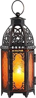 NEEDOMO 11'' Moroccan Lanterns Decorative Indoor & Outdoor, Vintage Christmas Candle Holder, Metal Lanterns Decorative, Table, Patio, Porch, Shelf, Christmas Spring Halloween Home Decor (Amber)