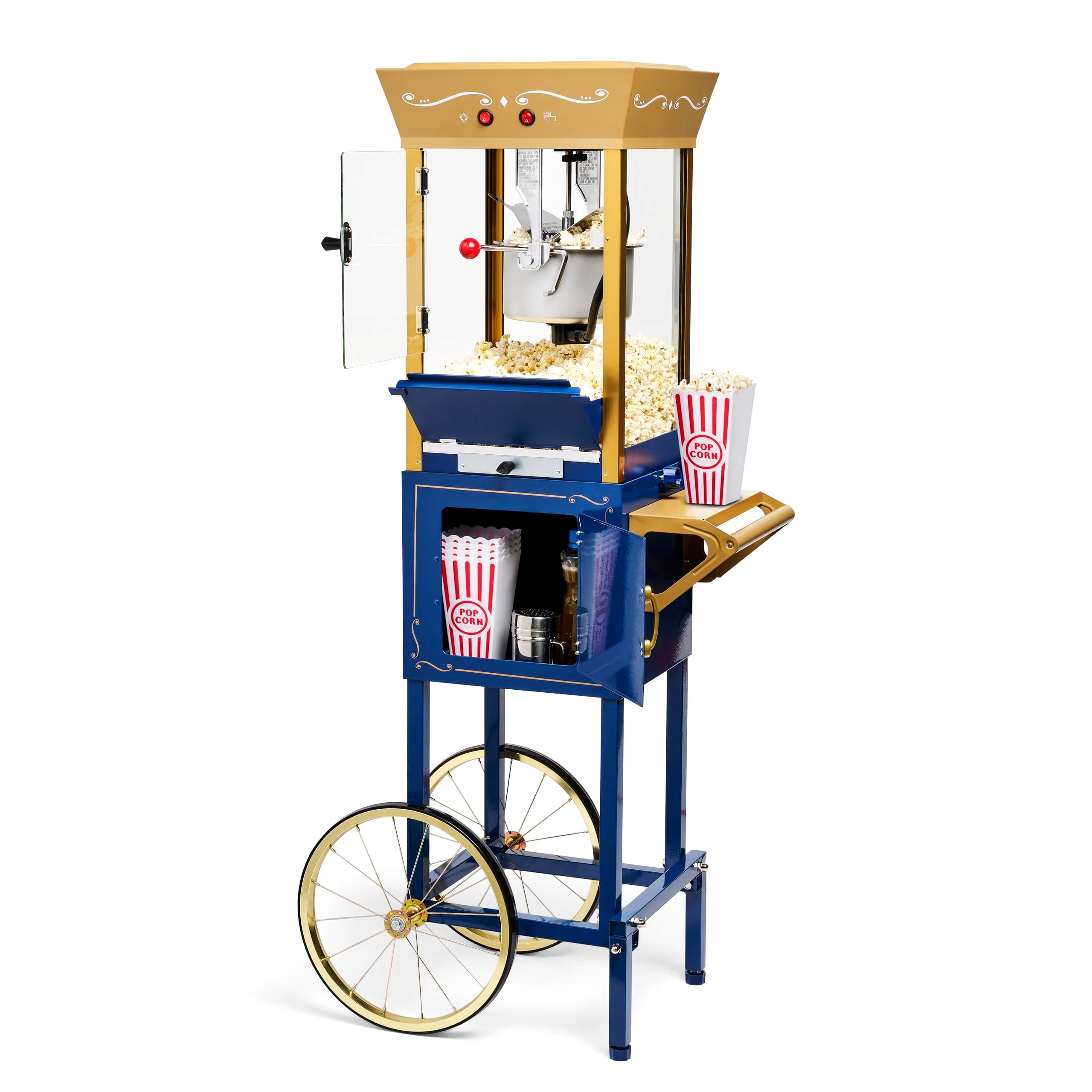 Nostalgia Popcorn Maker Machine - Professional Cart with 8 oz Kettle Makes Up To 32 Cups - Vintage Popcorn Machine Cinema Style - Navy & Gold
