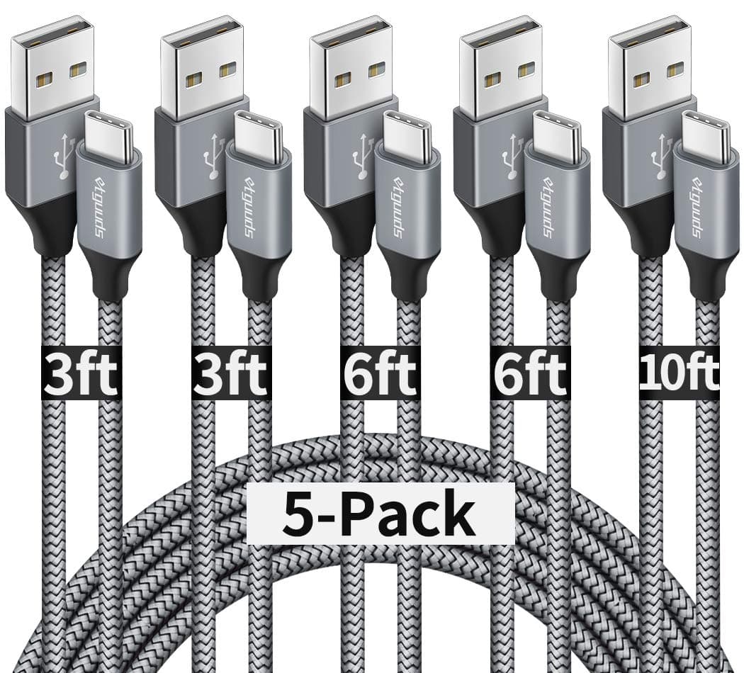 etguuds USB A to USB C Cable 5-Pack (3/3/6/6/10 ft), Fast Charging Type C Charger Cord for iPhone 17 16 15 Pro Max Plus Air, Samsung Galaxy S25 S24 S23 S22 S21 S20 A56 A17 A16, Pixel, Moto G, Gray