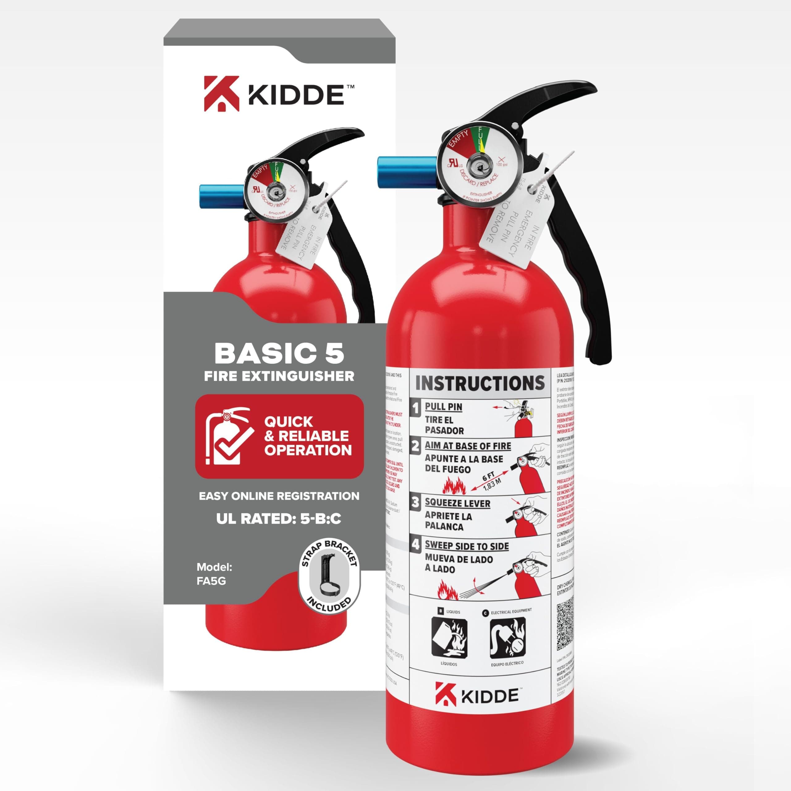 Kidde Basic Fire Extinguisher for Home, Office, Residential, Single-Use, 5BC