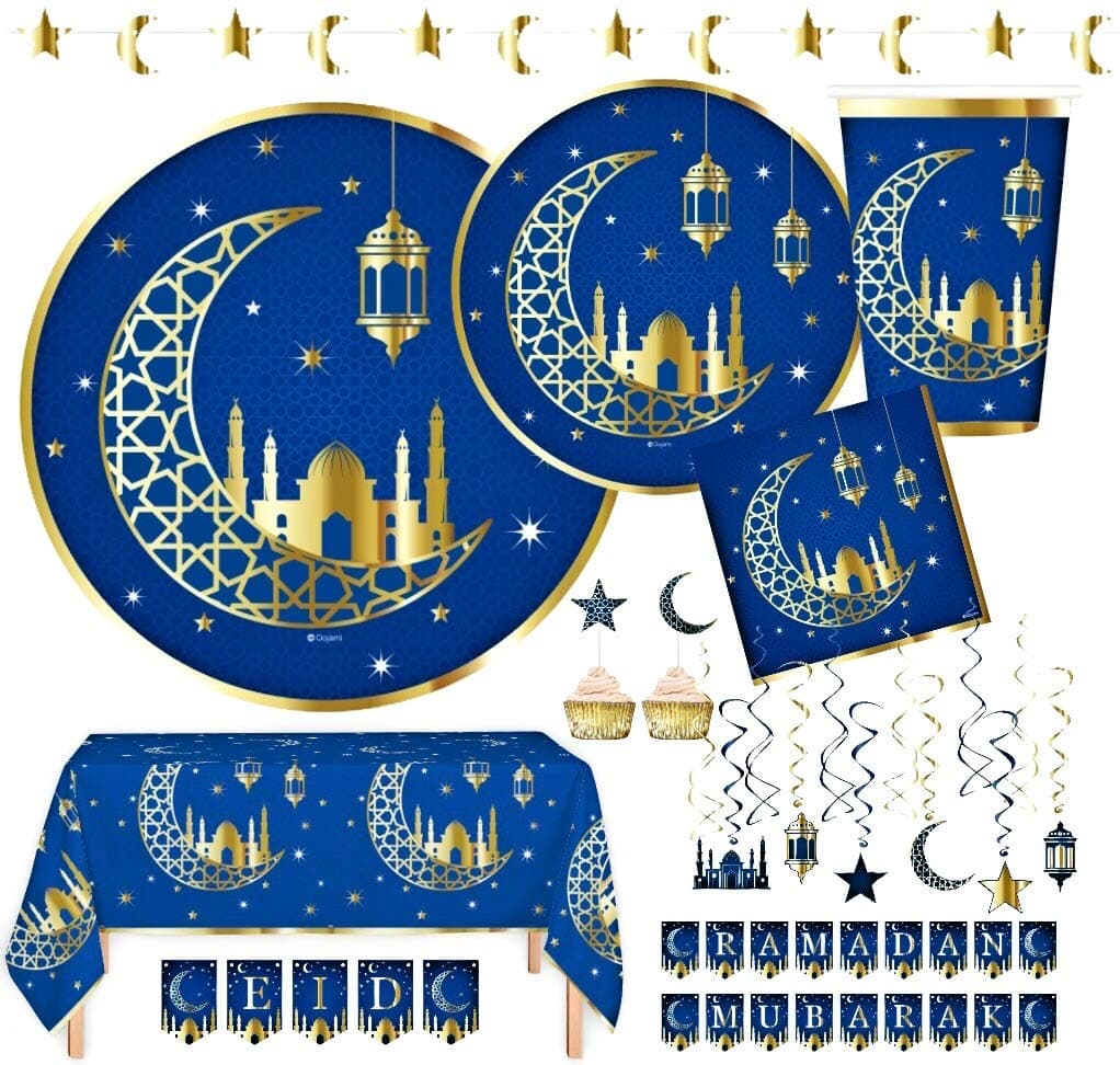 Serves 24 | Ramadan Eid Mubarak Gold Foil Decorations | 9" Dinner Plates | 7" Dessert Plates | 24 Cups - 12 Ounce | Swirls | Ramadan and Eid Mubarak Banners | Appetizer / Dessert Toppers | Ide