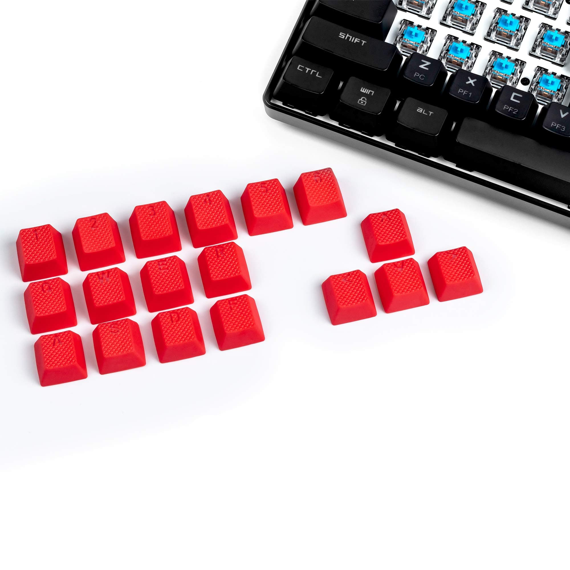 VULTURE Rubber Keycaps Cherry MX Double Shot Backlit 18 Keycap Set Compatible for Gaming Mechanical Keyboard OEM Profile Doubleshot Rubberized Diamond Textured Tactile Grip with Key Puller (Red)