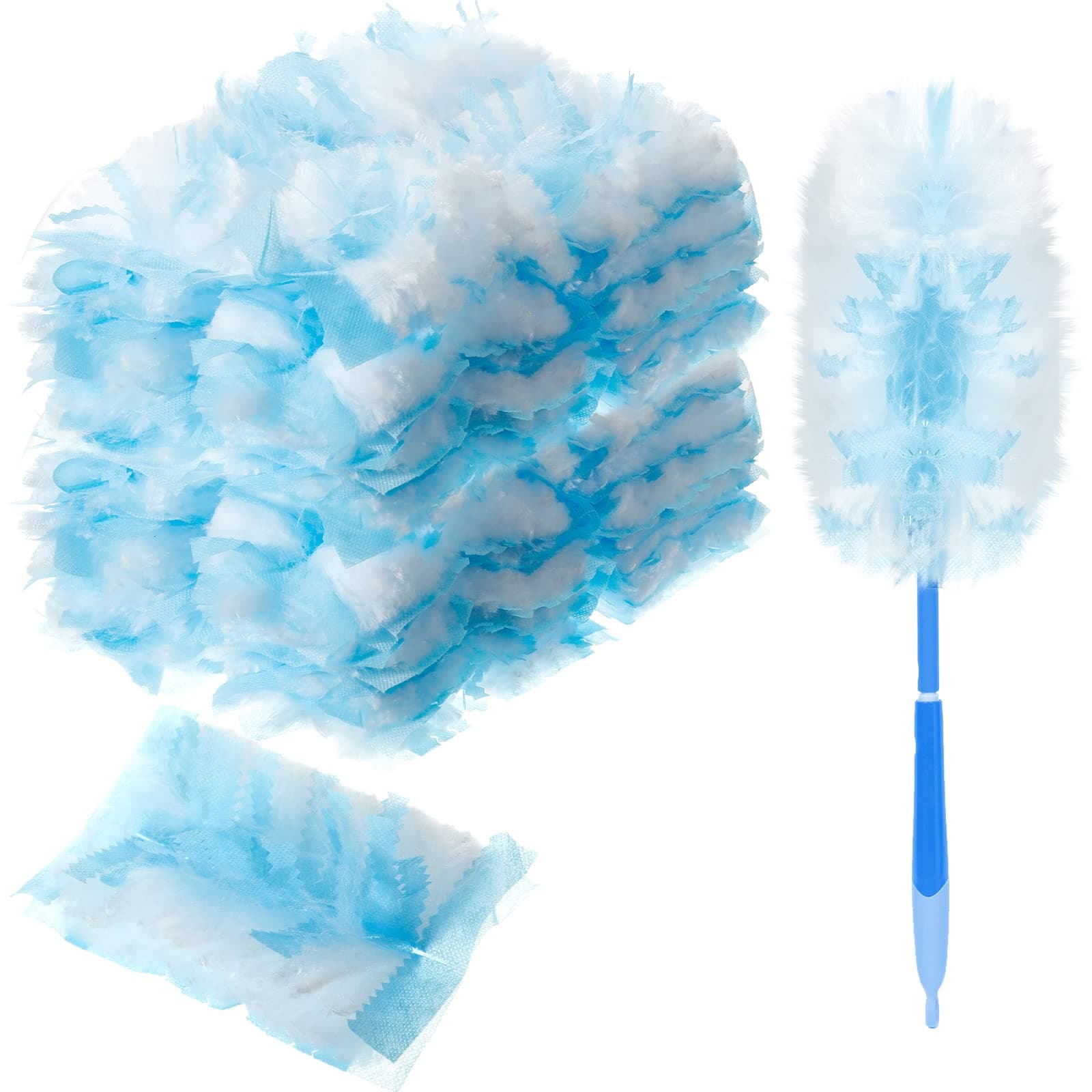 Vesici 100 Pcs Duster Refills Compatible with Swiffer Dusters Bulk Disposable Replacement Thickened with 1 Handle Heavy Duty for Cleaning, Office (Blue)