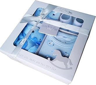 Baby Boy Newborn Baby Essentials 4 Piece Luxury Boxed Baby Gift Set - Baby Shower Gifts for Mum, Featuring Bodysuit, Bib, Socks and Soft Toy (Blue, Newborn)