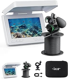FourQ Underwater Fishing Camera, Ice Fishing Underwater Camera with 4.3 Inch HD Display, 65ft Cable, 12pcs IR Lights, 5000mAh Battery, Portable Box, 12-Month Warranty