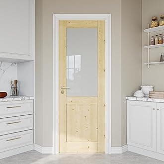 28" x 80" Pine Wood Slab Door, Half Frosted Glass Interior Doors, Single Room Door for Closet & Bedroom, Farmhouse Style as Prehung, Pocket, Bifold, Barn Doors, Easy DIY Stain, Shaker w/o Hardware