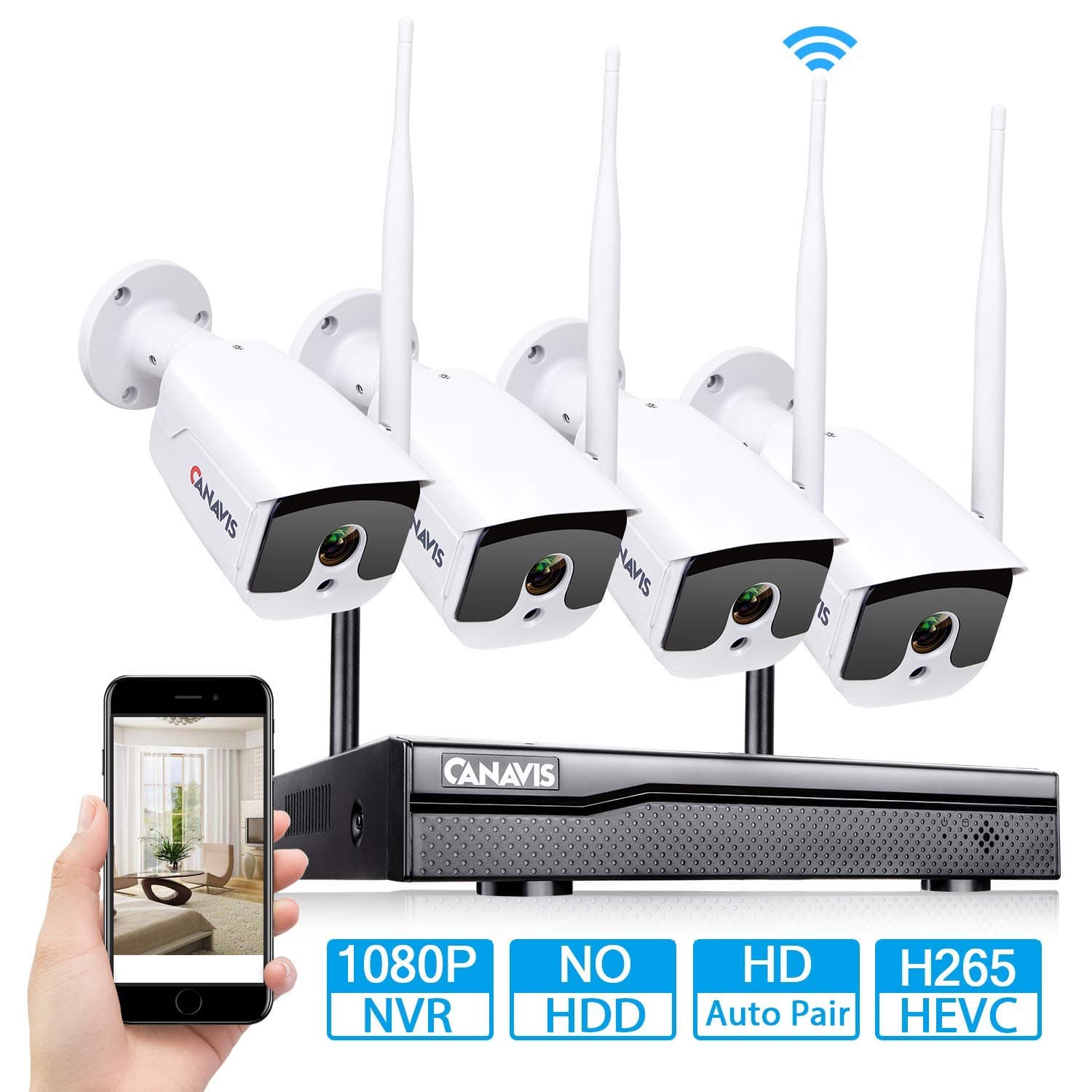Home Wireless Security Camera System, CANAVIS 4CH 1080P NVR Video Surveillance System with 4pcs Bullet Cameras Indoor Outdoor,65ft Night Vision,Motion Detection (NO HDD) (Cable) (H.265)