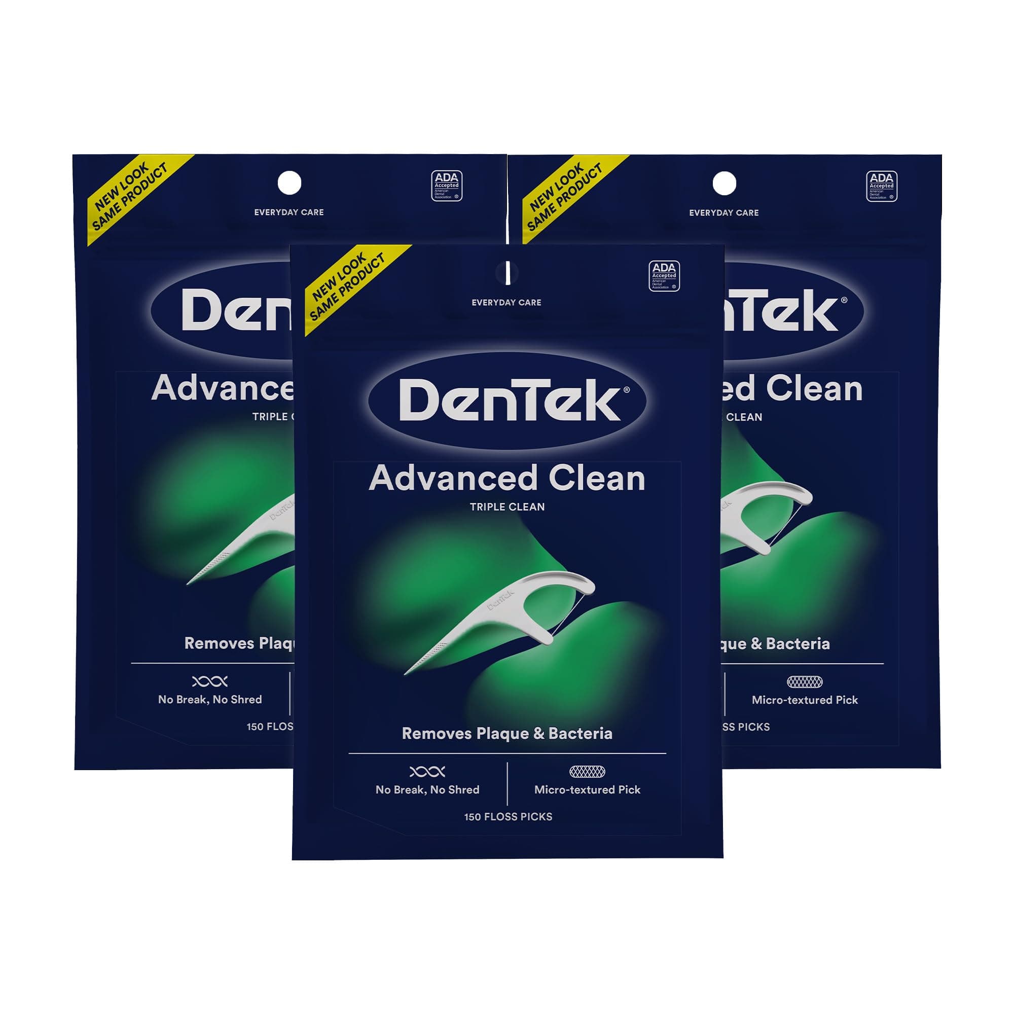 DenTek Triple Clean Advanced Clean Floss Picks, No Break & No Shred Floss, 150-Count, 3 Pack
