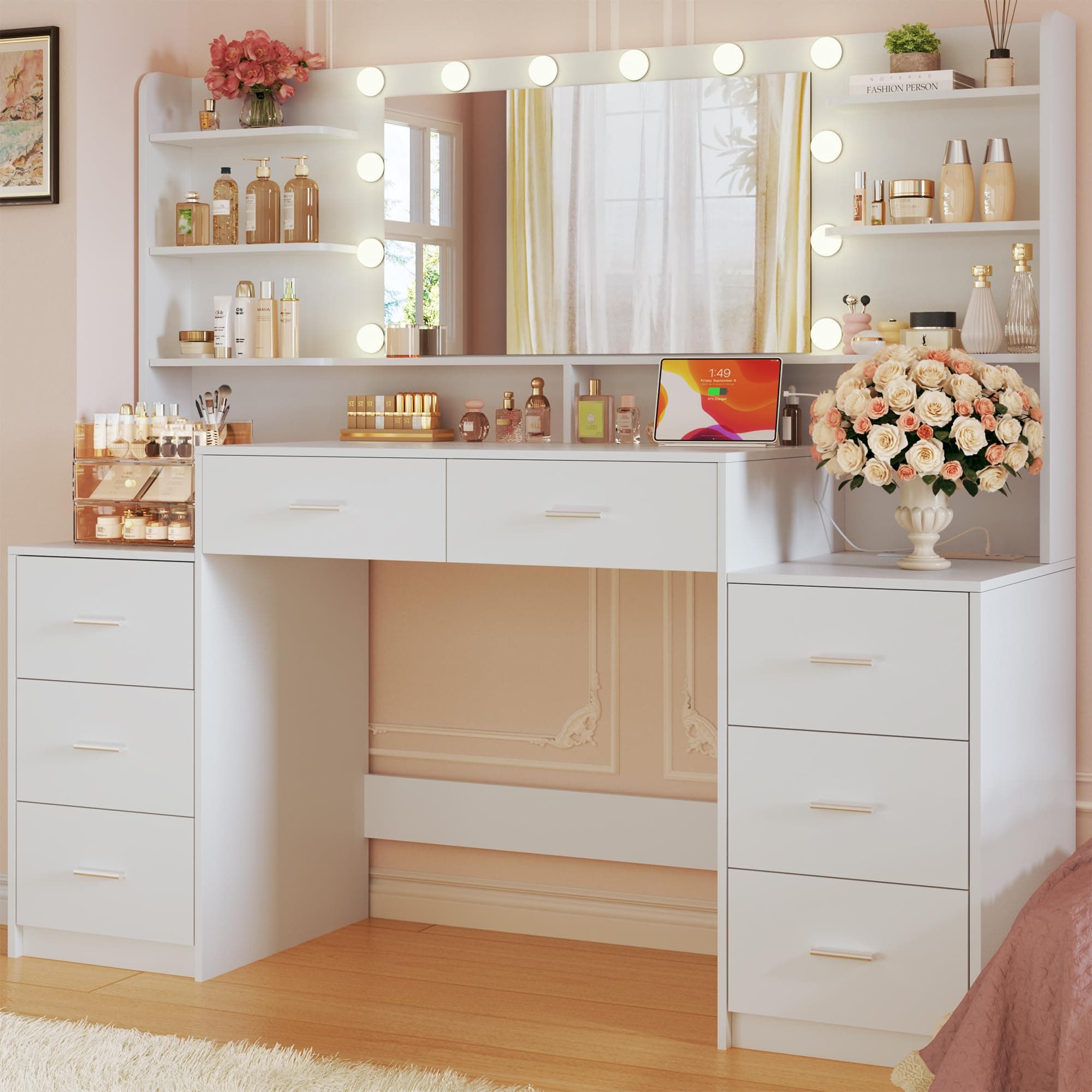 HUAHUU Large Vanity Desk with Mirror & Lights, White Makeup Vanity with 8 Drawers & 6 Storage Shelves, Vanity Set with LED Lights and Power Outlet, 3 Lighting Modes, Adjustable Brightness