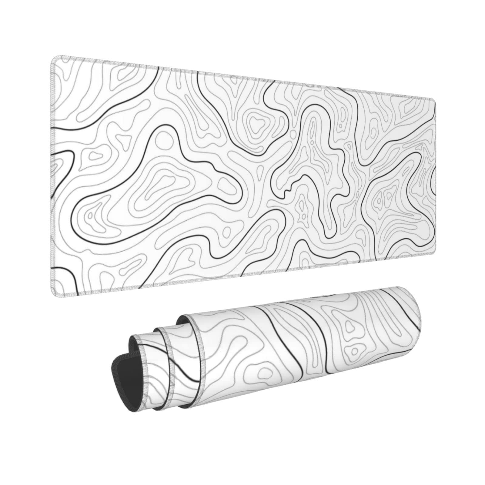Abstract Topographic Map White Grey Black Gaming Mouse Pad Long Mouse Pad Large Desk Mat 31.5 x 11.8 Inch Mouse Pad Non-Slip Base Stitched Edge Keyboard Mat for Gaming Office