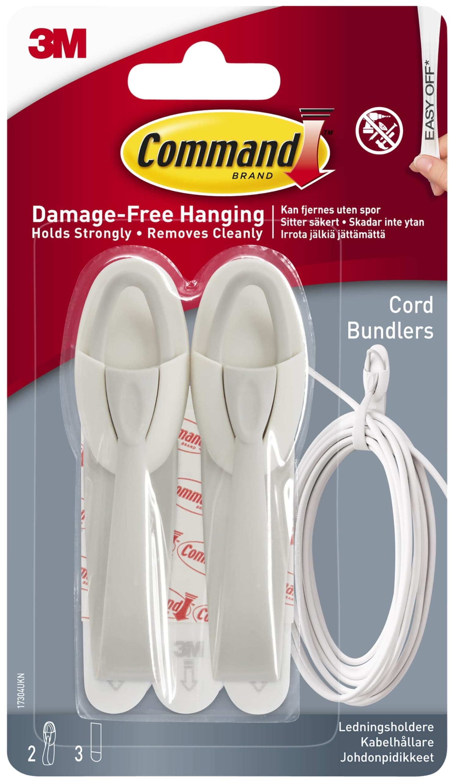 Command Cord Bundlers, White - 2 Bundlers, 3 Adhesive Strips - Damage Free Hanging