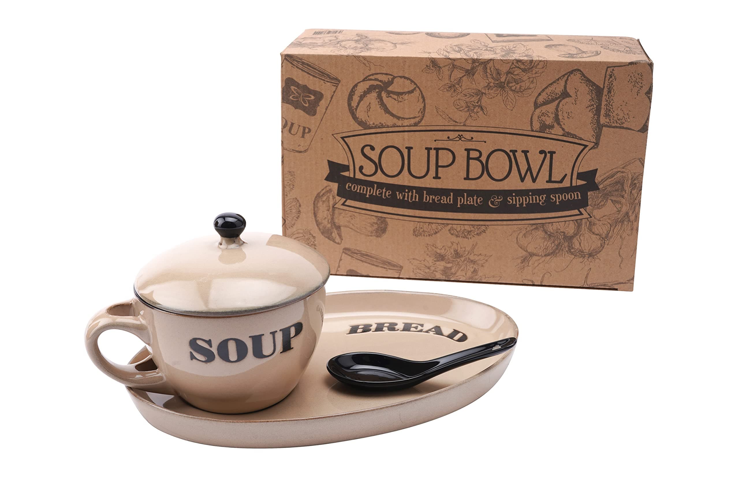 Soup Bowl Dish with Bread Serving Plate and Spoon Set | Cream Country Cottage Kitchen Rustic Style | Microwave and Dishwasher Safe | Individually Gift Boxed