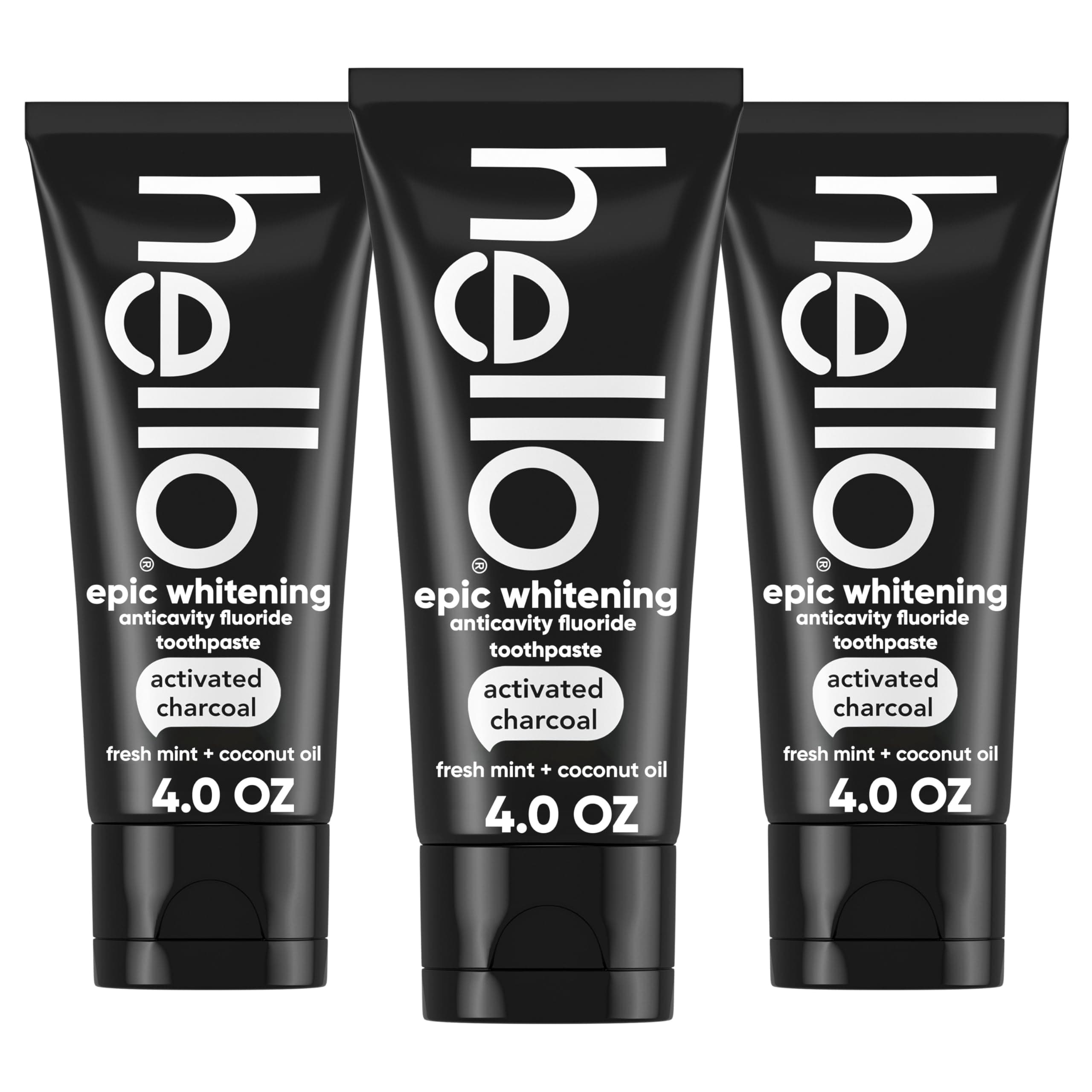 Hello Activated Charcoal Toothpaste, Fluoride Toothpaste with Activated Charcoal, Teeth Whitening Toothpaste with Fresh Mint and Coconut Oil, No SLS, Vegan, Gluten Free, 3 Pack, 4 OZ Tubes