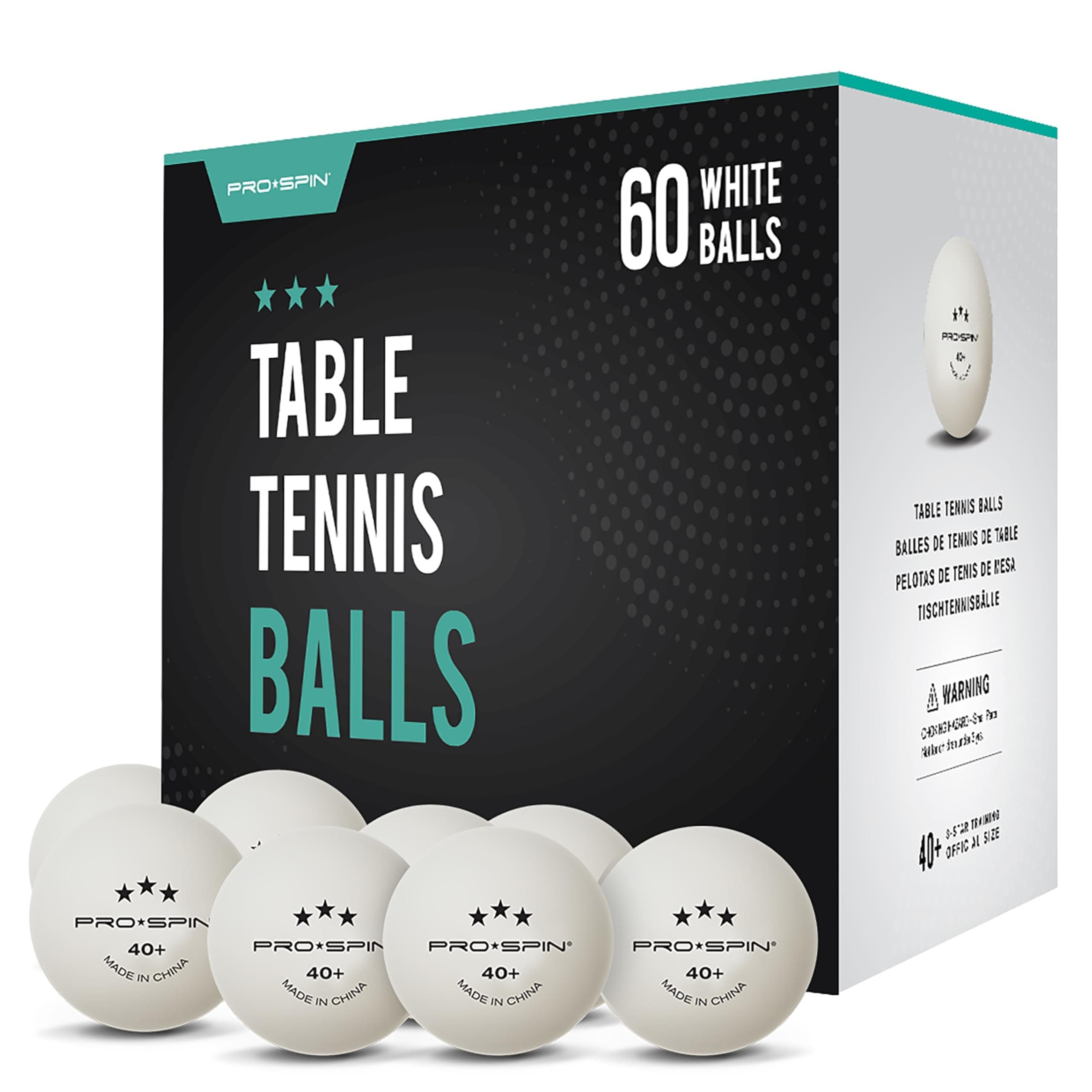 PRO SPIN Ping Pong Balls - 3-Star Premium White Table Tennis Balls | High-Performance 40+ ABS Professional Quality | Ultimate Durability for Indoor & Outdoor Ping Pong Tables (Bulk Pack of 60)
