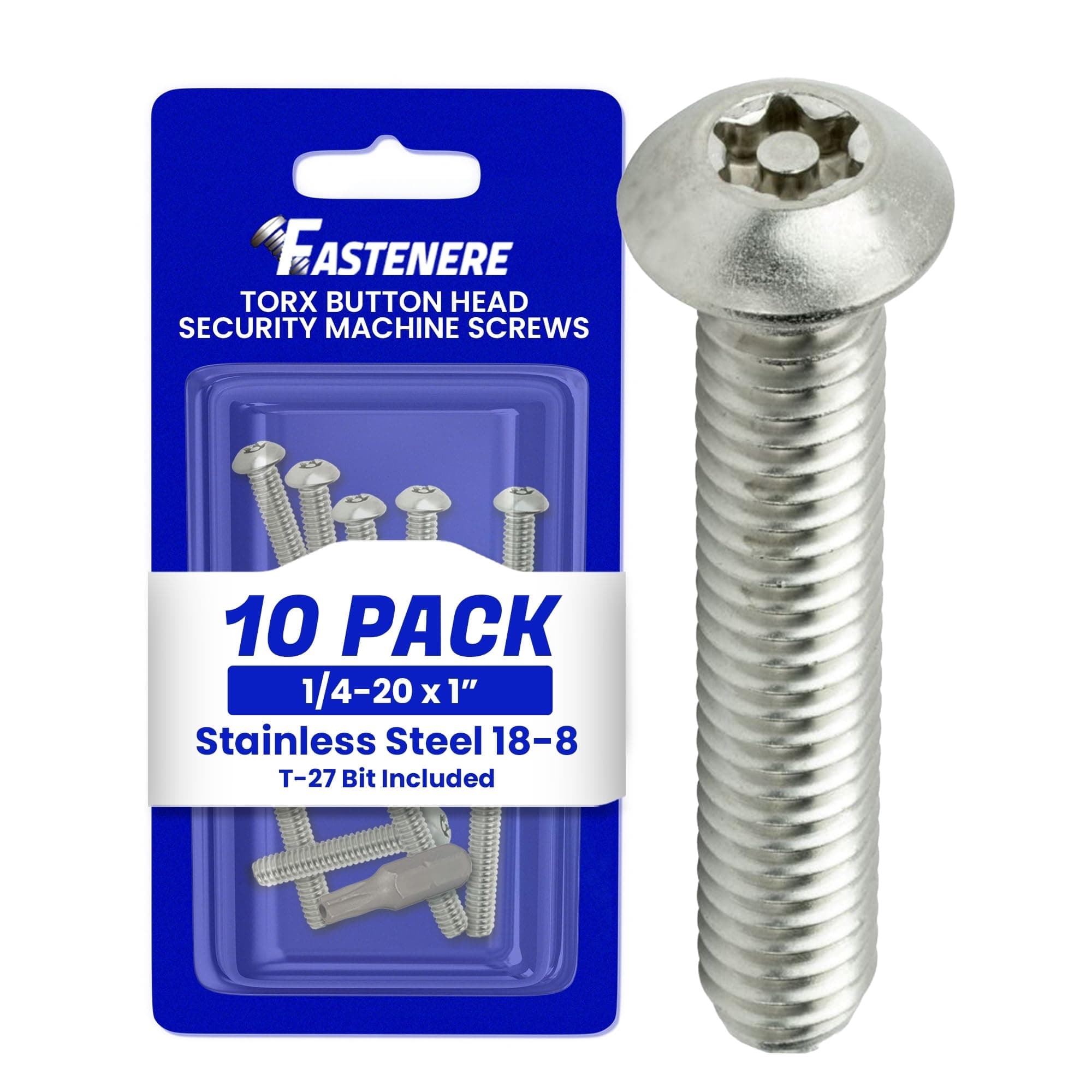 Fastenere Torx Security Machine Screws - 1/4-20 x 1 (10-Pack) Stainless Steel, Tamper-Resistant, Button Head Screws, Bolt Screw for Higher Level of Safety & Theft Prevention