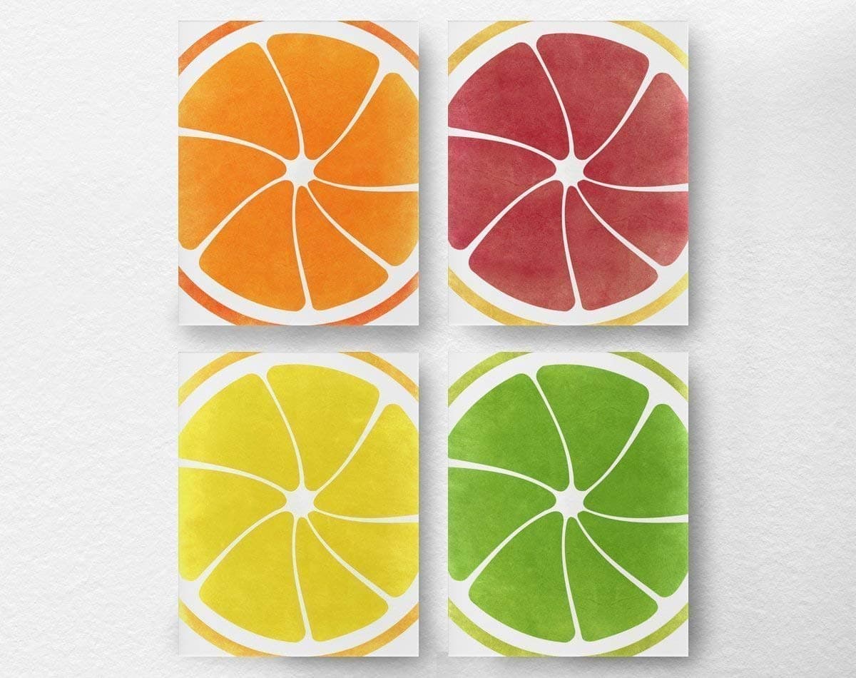 Citrus Fruit Kitchen Wall Prints, Orange Grapefruit Lemon Lime Food Decor, 8x10 Set of 4 Prints