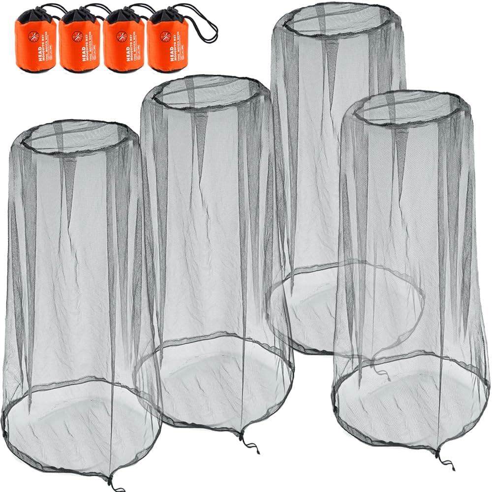 wohohoho Mosquito Head Net Mesh with Drawstring, Bug Face Netting for Hats, Mesh Face Shield for Men & Women Screen Net for Any Outdoor Lover Midges, Bugs & Gnats (4 Packs, Gray Colors, Updated Size)