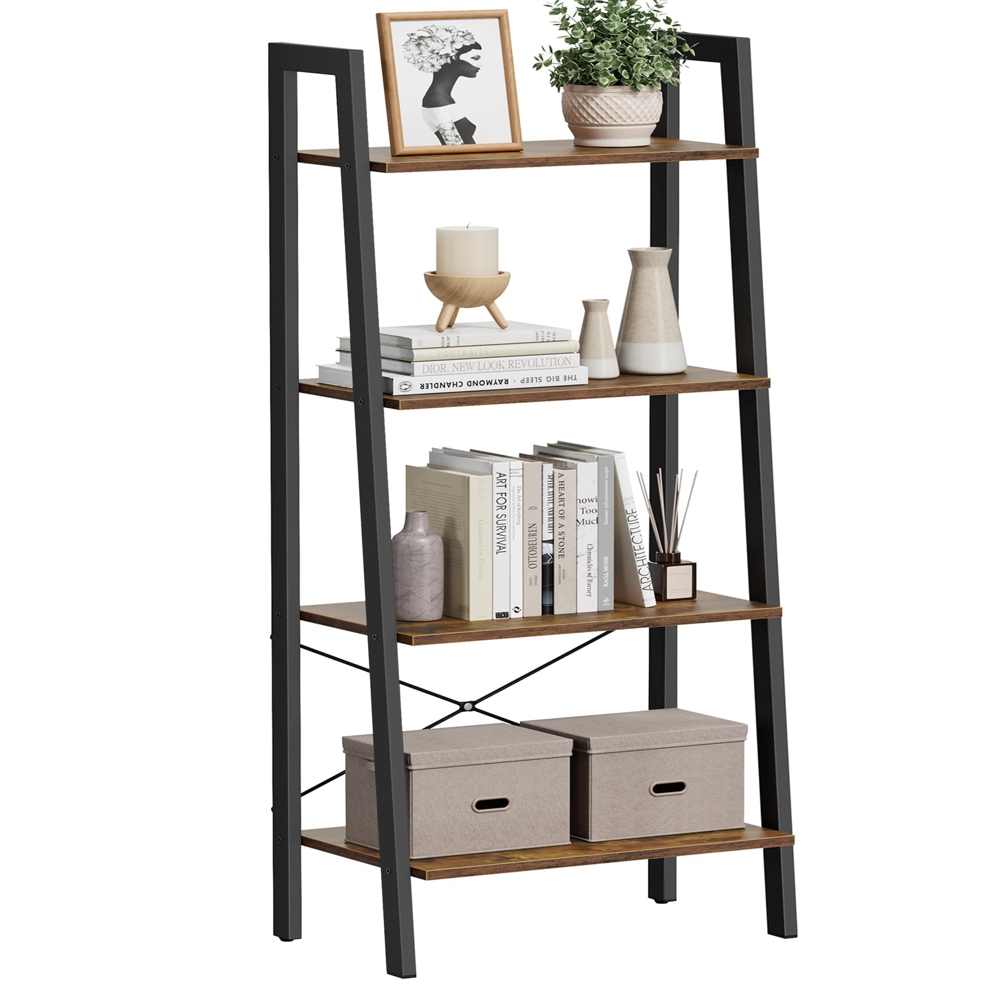 VASAGLE Ladder Shelf, 4-Tier Bookshelf, Storage Rack, Bookcase with Steel Frame, for Living Room, Home Office, Kitchen, Bedroom, Industrial Style, Rustic Brown and Ink Black ULLS44X