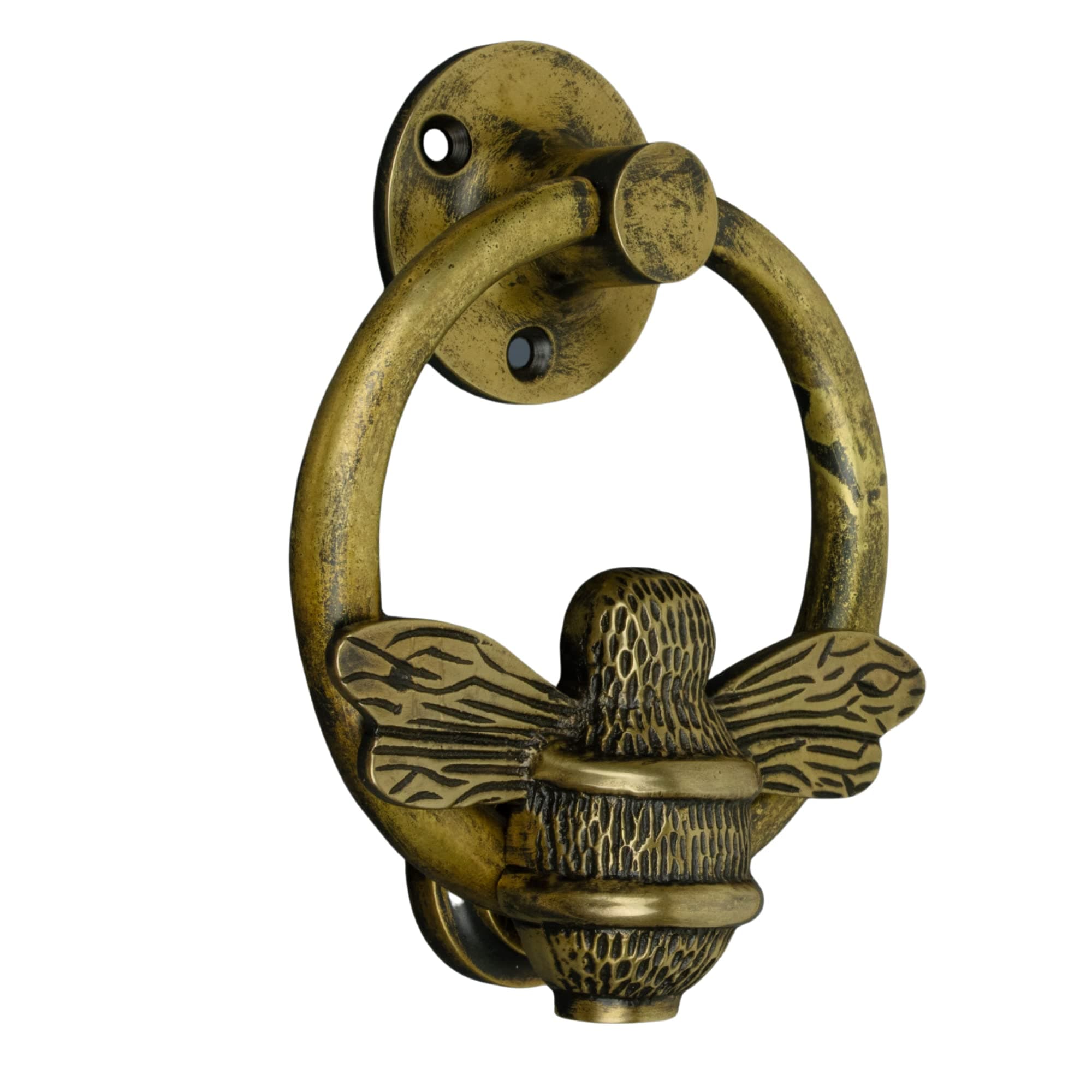 Bee Door Knocker for Front Door | Polished Solid Brass | Brass Knockers with Strike Plate | UPVC | Bumblebee Front Door Furniture with a Unique Design (Antique Brass Ring Bee Door Knocker)