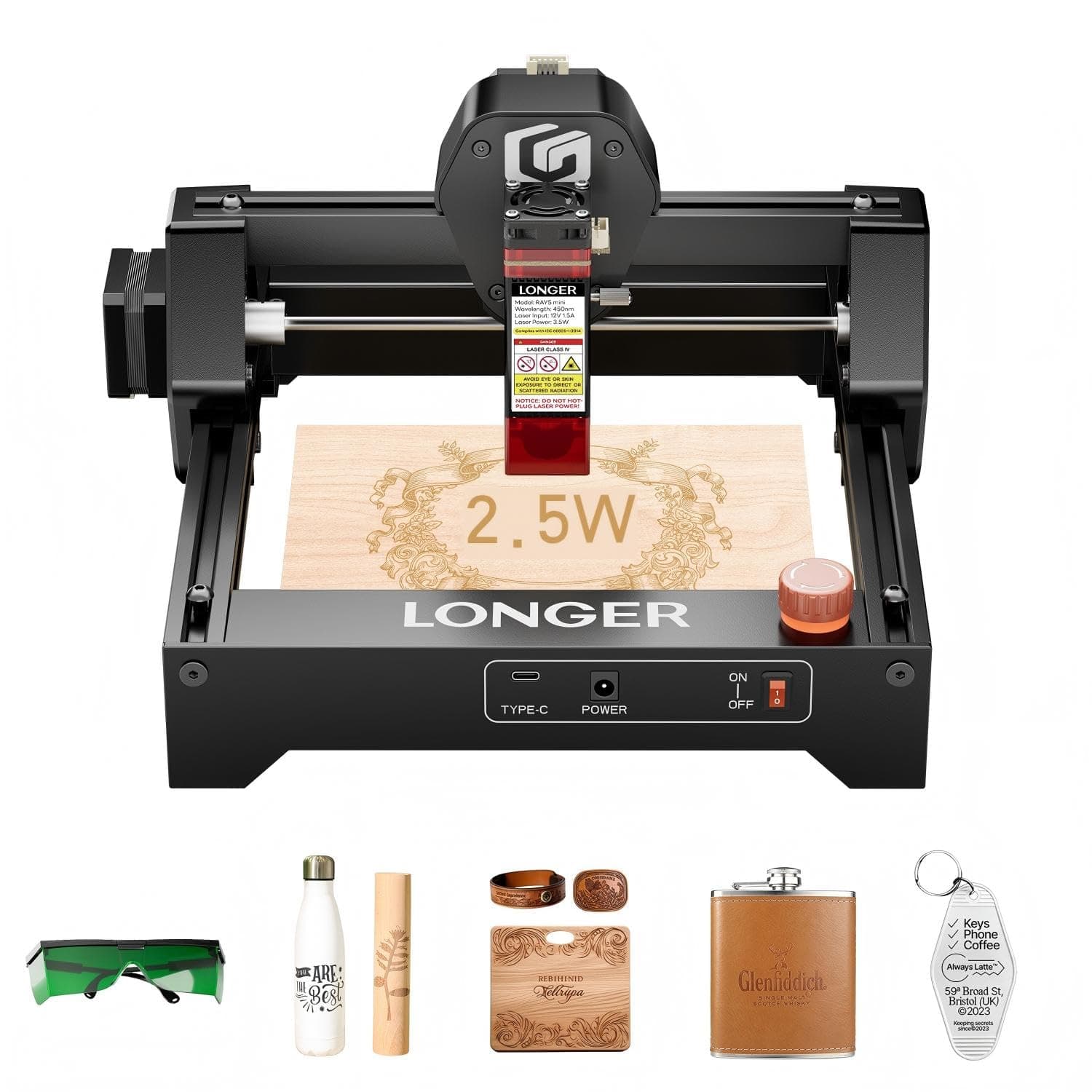 Ray5 mini Laser Engraver, Desktop Engraving Machine with WiFi Support, Up to 12,000 mm/min High Speed, for Wood, Acrylic & Leather, Emergency Stop, 2.5W Output Power