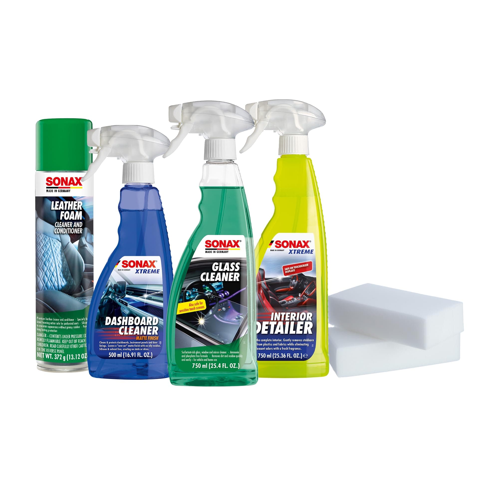 SONAX Premium Auto Interior Kit | 5-Piece Complete Interior Cleaning Set | Dashboard Cleaner, Leather Foam, Upholstery & Carpet Cleaner, Glass Cleaner & Dirt Eraser | Professional Car Detailing Kit