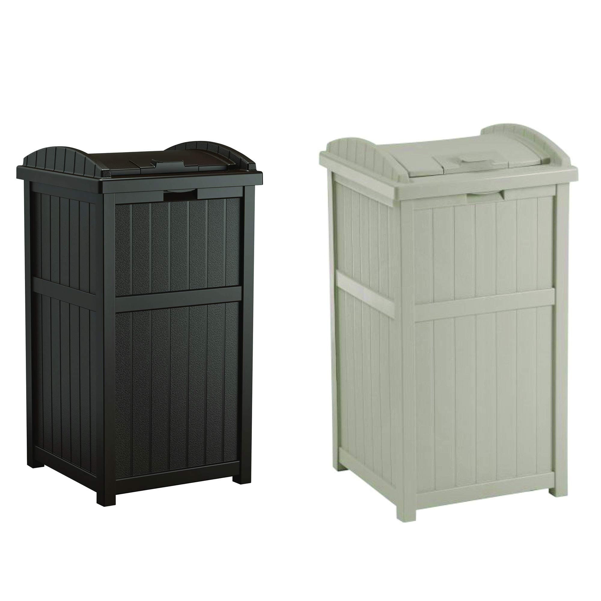 2 Pack 33 Gallon Durable Plastic Hideaway Outdoor Garbage Can with Secure Lid and Wicker Design for Home Backyards, 1 Java Brown and 1 Taupe