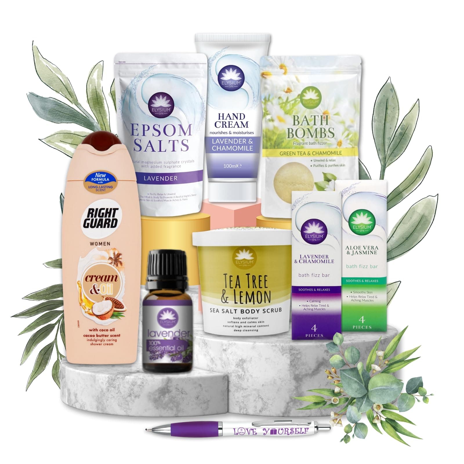 Pamper Sets For Women | Elysium Spa Hand Cream 100ml, Spa Essential Oil 10ml, Bath Bombs 1pc, Bath Fizz Bar 2pc, Spa Salts 450g, Bath & Shower Gel 300ml, Salt Body Scrub 200g with Sinta Gift Pen