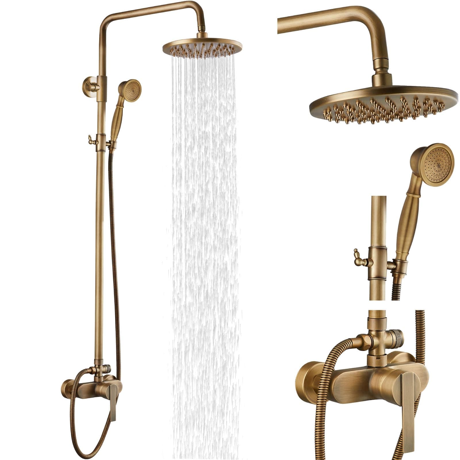 Antique Brass Exposed Pipe Shower System Single Handle 8 Inch Rainfall Shower Head Solid Copper Diverter Adjustable Shower Head Bar Modern Dual Functions Shower Faucet Combo Unit Set