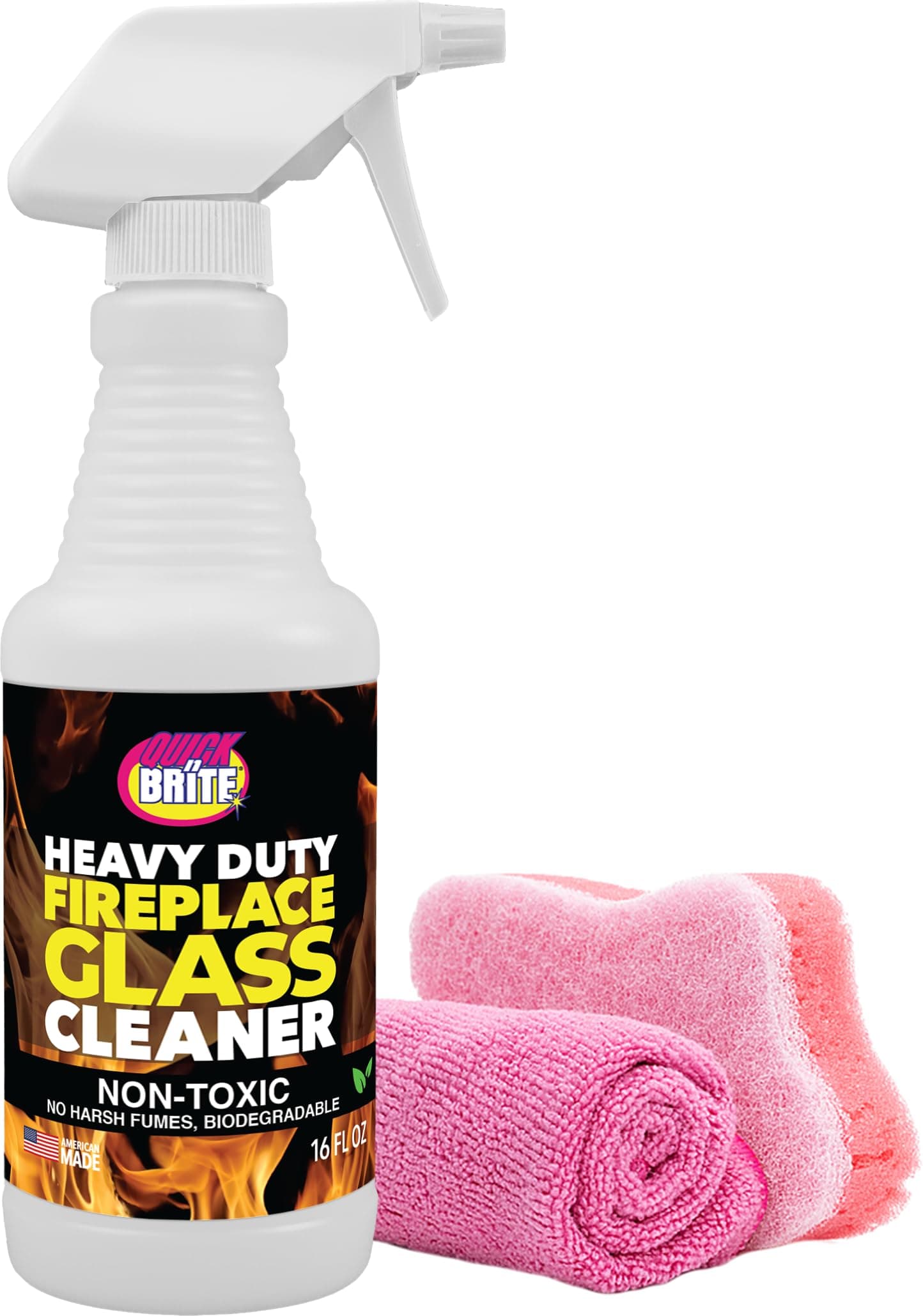 Quick N Brite Fireplace Glass Cleaner Kit with Cloth and Sponge, Removes Soot, Smoke, Creosote, and more, 16 oz, 1-Pack