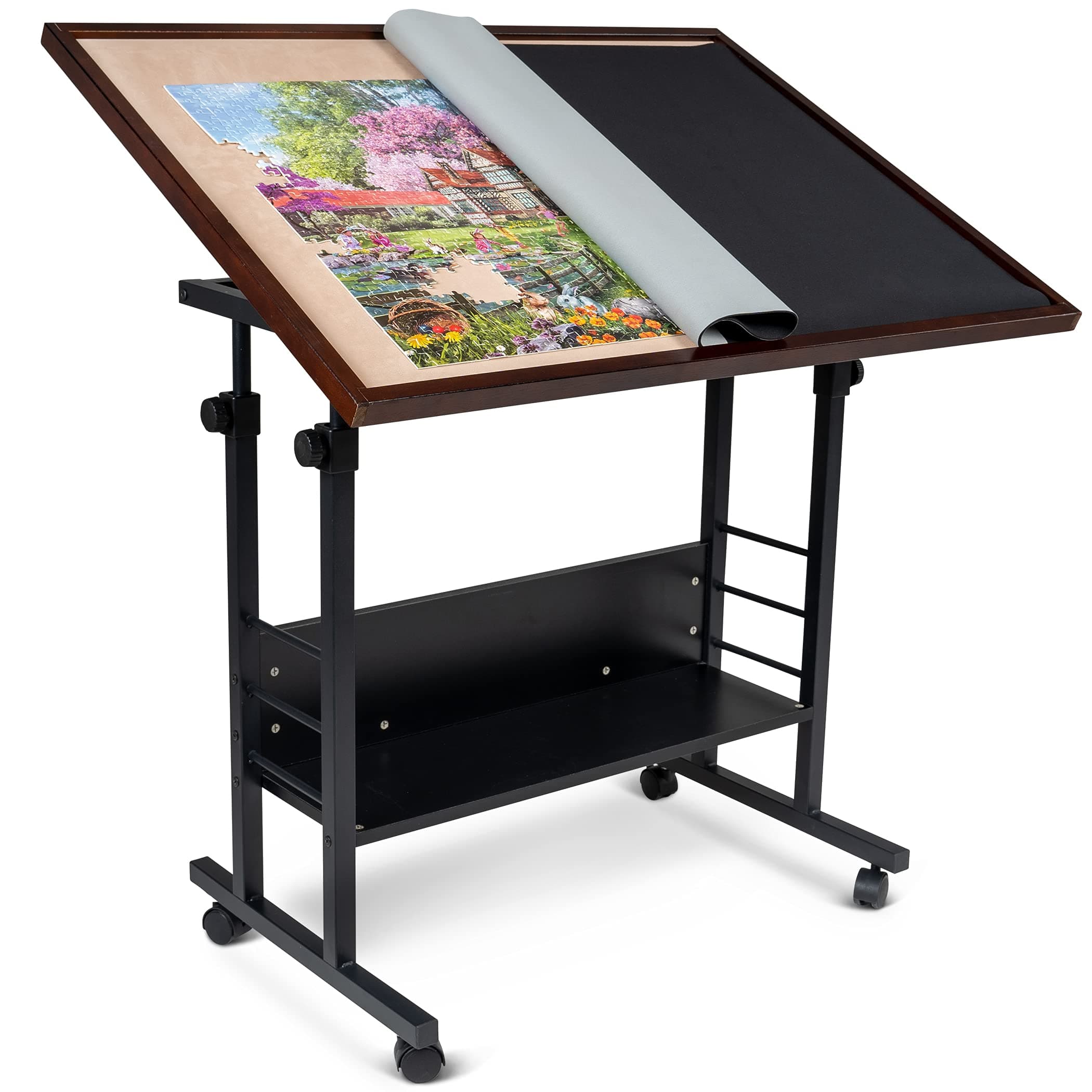 Jigsaw Puzzle Play Table Tilting Table with Height Adjustment for Up to 1500 Pieces, Enclosed with 4 wheels