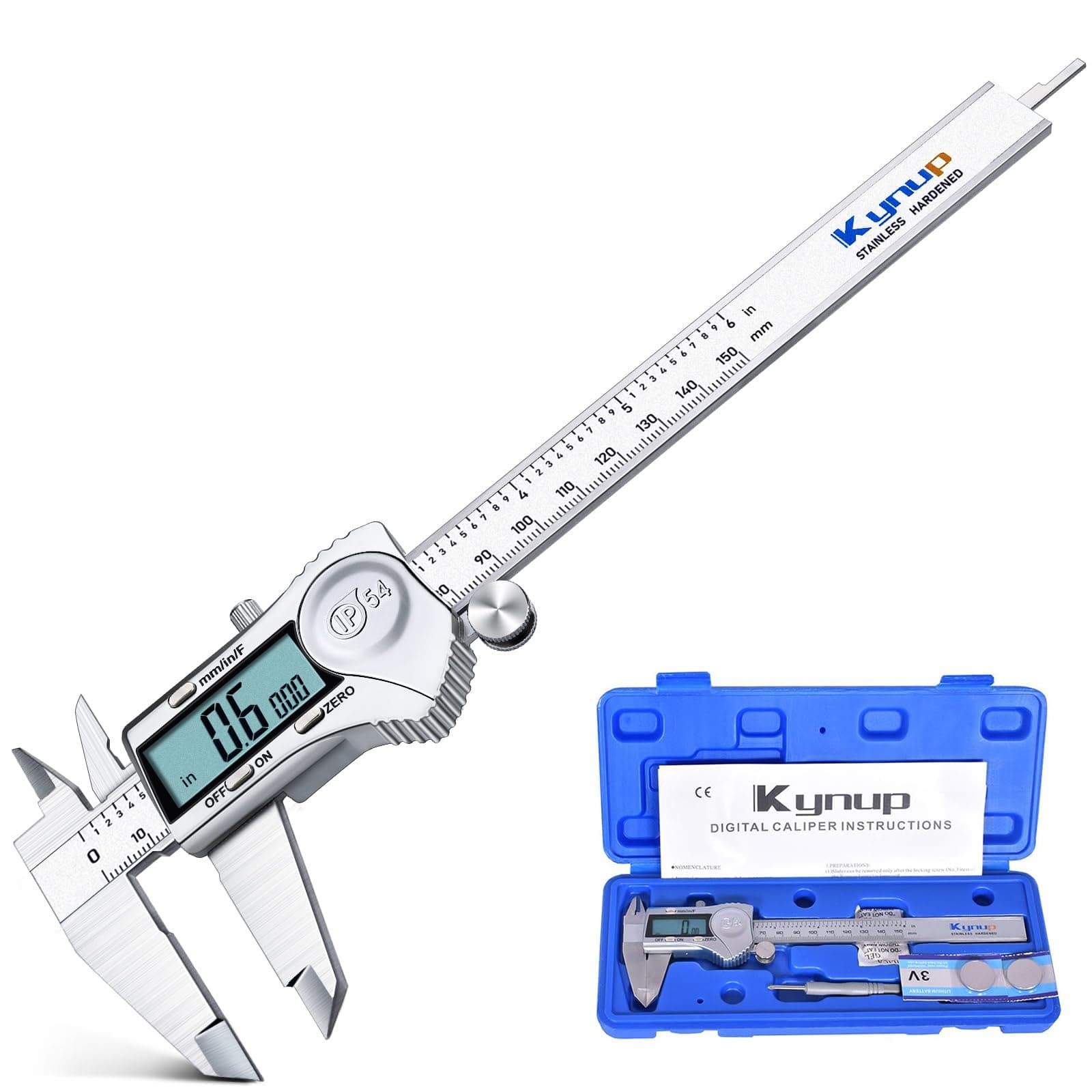 Kynup Digital Caliper, Calipers 6 Inch Measuring Tool with Stainless Steel, IP54 Splash Proof Protection Design, Easy Switch from Inch Metric Fraction, Large LCD Screen (150mm)