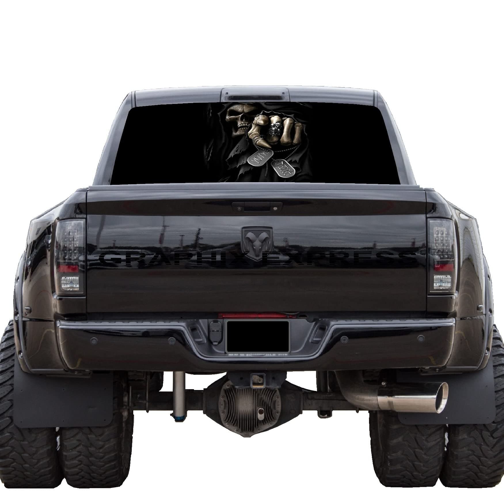 GRAPHIX EXPRESS Truck Back Window Graphics - Grim Reaper Decal - Death Skull Design (P532) - Universal See-Through Rear Window Vinyl Wrap - Full Window Decals for Trucks