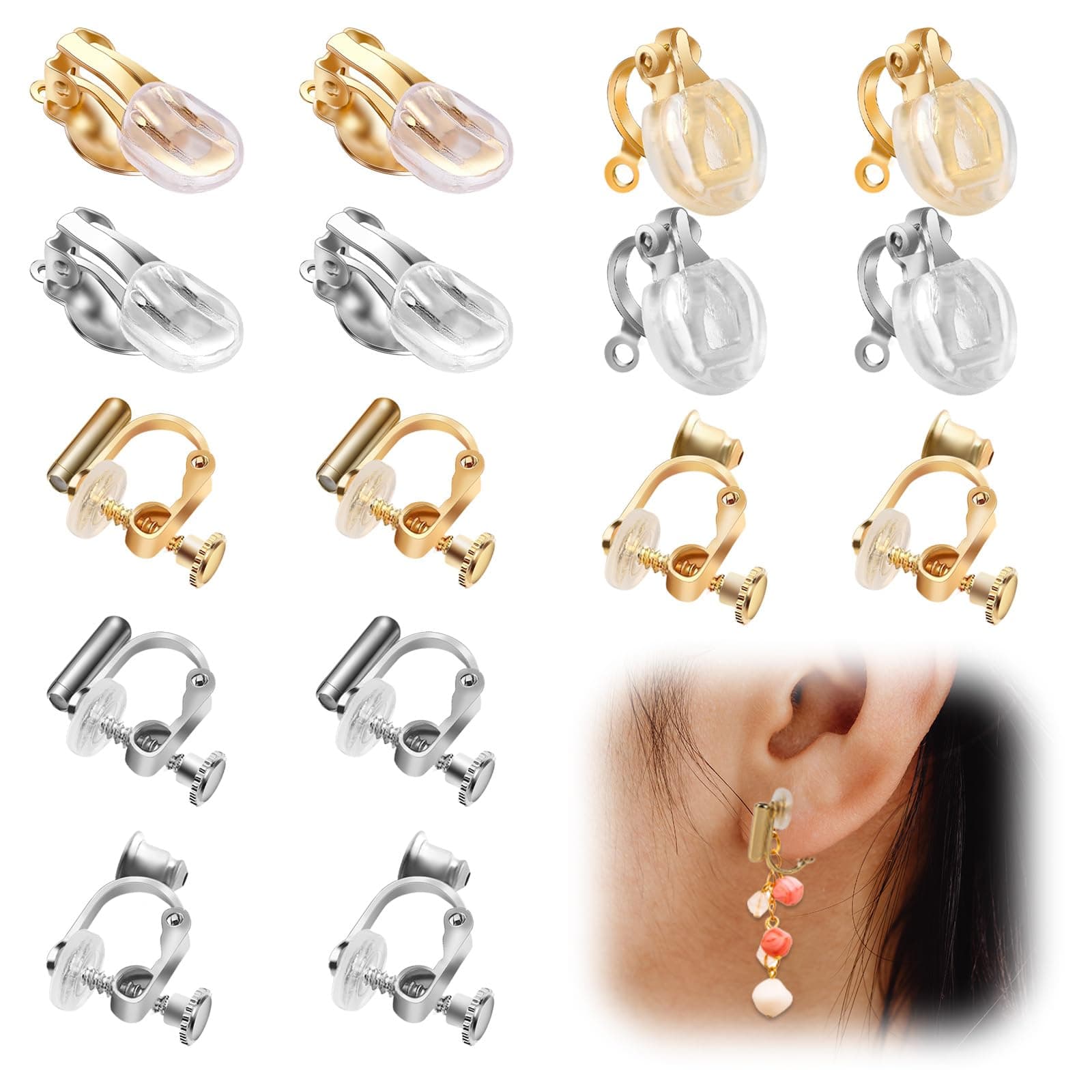 16 Pcs Flat Back Tray Earring Clips with Silicon Pads Clip-on Earring Converter Easy Open DIY Earring Making Backs Components Findings Earring Designs for Women Men Girls Non-Pierced Ears