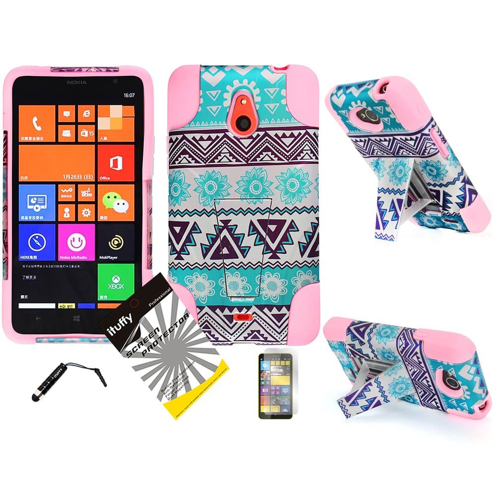 3 items Combo: ITUFFY(TM) LCD Screen Protector Film + Mini Stylus Pen + 2 tone Design Dual Layer KickStand Tuff Impact Armor Hybrid Soft Rubber Silicone Cover Hard Snap On Plastic Case for Nokia Lumia 1320 (Aztec Flower - Light Pink)