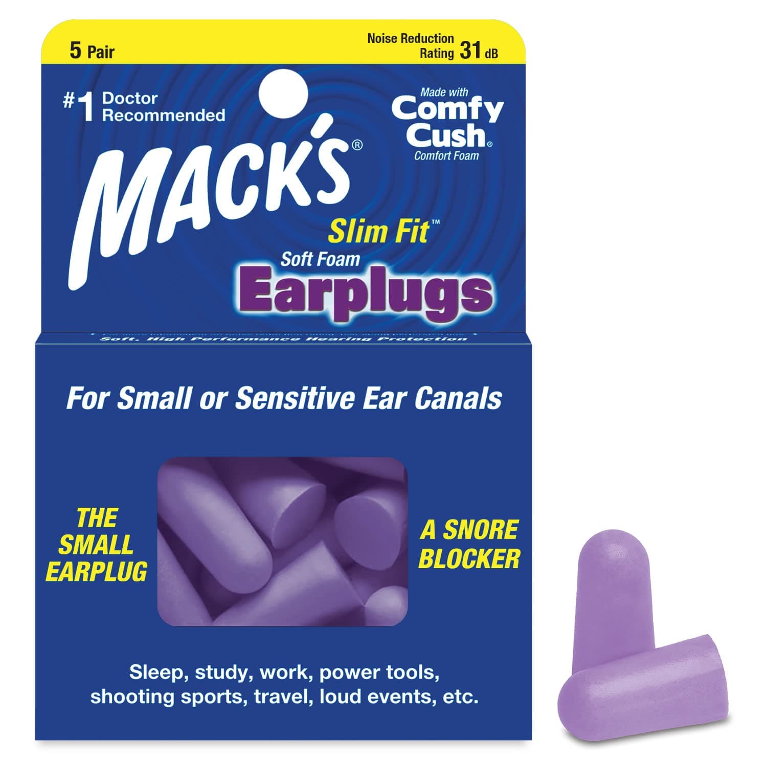 Slim Fit Soft Foam Earplugs, 5 Pair - Small Ear Plugs for Sleeping, Snoring, Traveling, Concerts, Shooting Sports & Power Tools | Made in USA