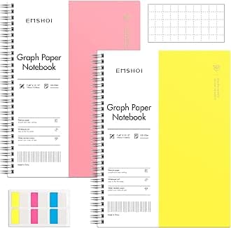 EMSHOI Spiral Graph Notebook, 2 Pack 7.48" x 10.15" B5 Large Graph Paper Composition Notebook, 640 Pages 100gsm Thick Grid Journal with Sticky Notes, Plastic Hardcover, Yellow, Pink