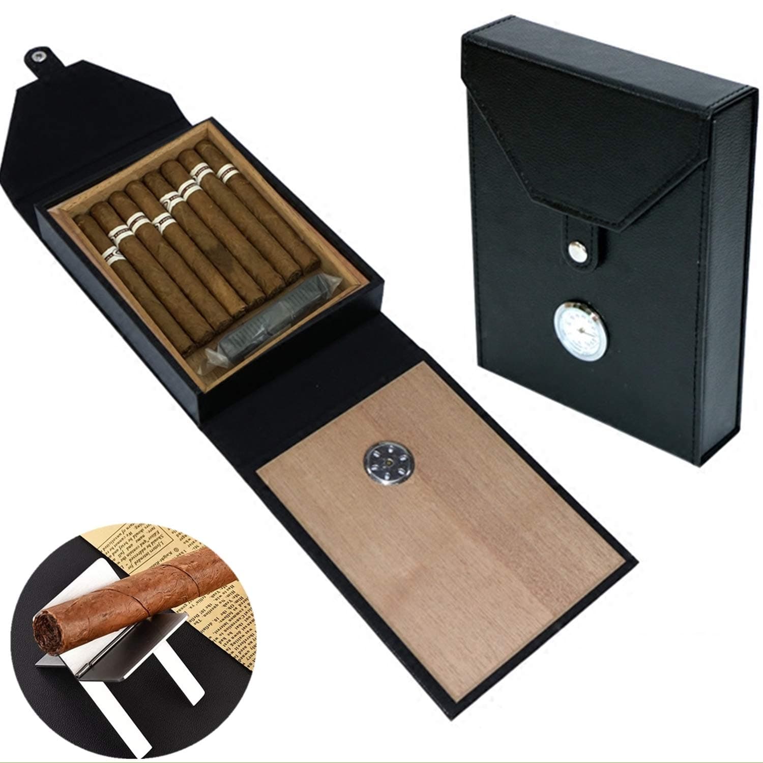 COMMODA Portable Leather Cedar Cigar Travel Case Cedar Wood Lined Humidor Hygrometer Cigar Stand as Value-Added Gift Beautiful