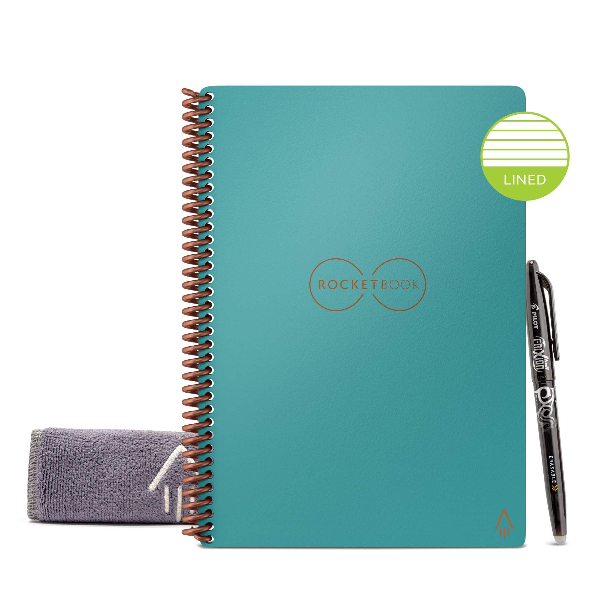 Rocketbook Reusable Digital Notebook - Smart Notepad A5 Teal - Spiral Note Book To Do List Pad, Lined Paper with Frixion Erasable Pen and Wipe, Office Gadget with Rocketbook App, Reduce Paper Waste