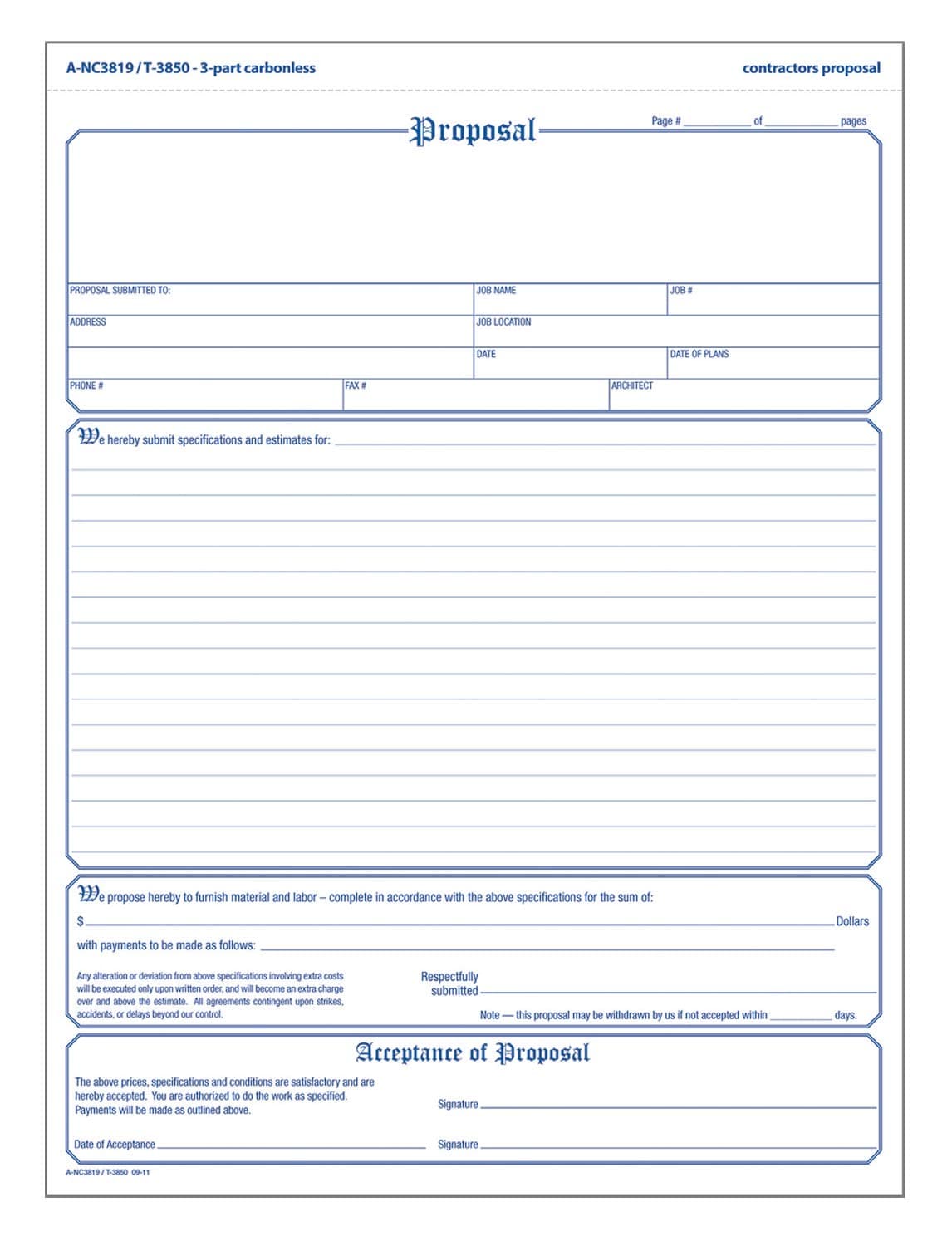 Adams Contractor's Proposal Forms, 8.5 x 11.44 Inch, 3-Part, Carbonless, 50-Pack, White, Canary and Pink (NC3819)