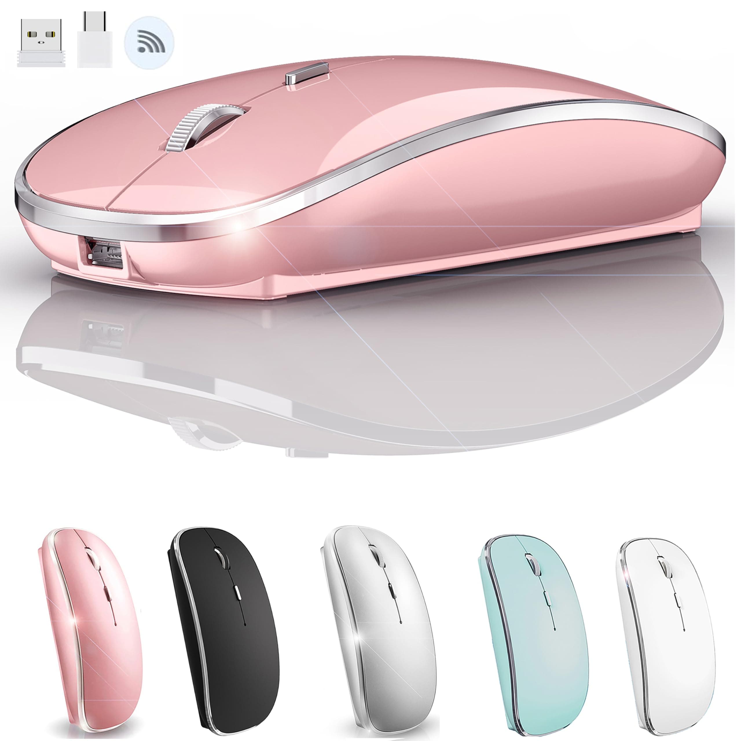 Wireless Mouse for MacBook Pro MacBook Air MacBook Laptop Mac iMac Desktop Computer Chromebook Win7/8/10/11 PC HP Dell Laptop 2.4 USB/USB C Mouse (Rose Gold)