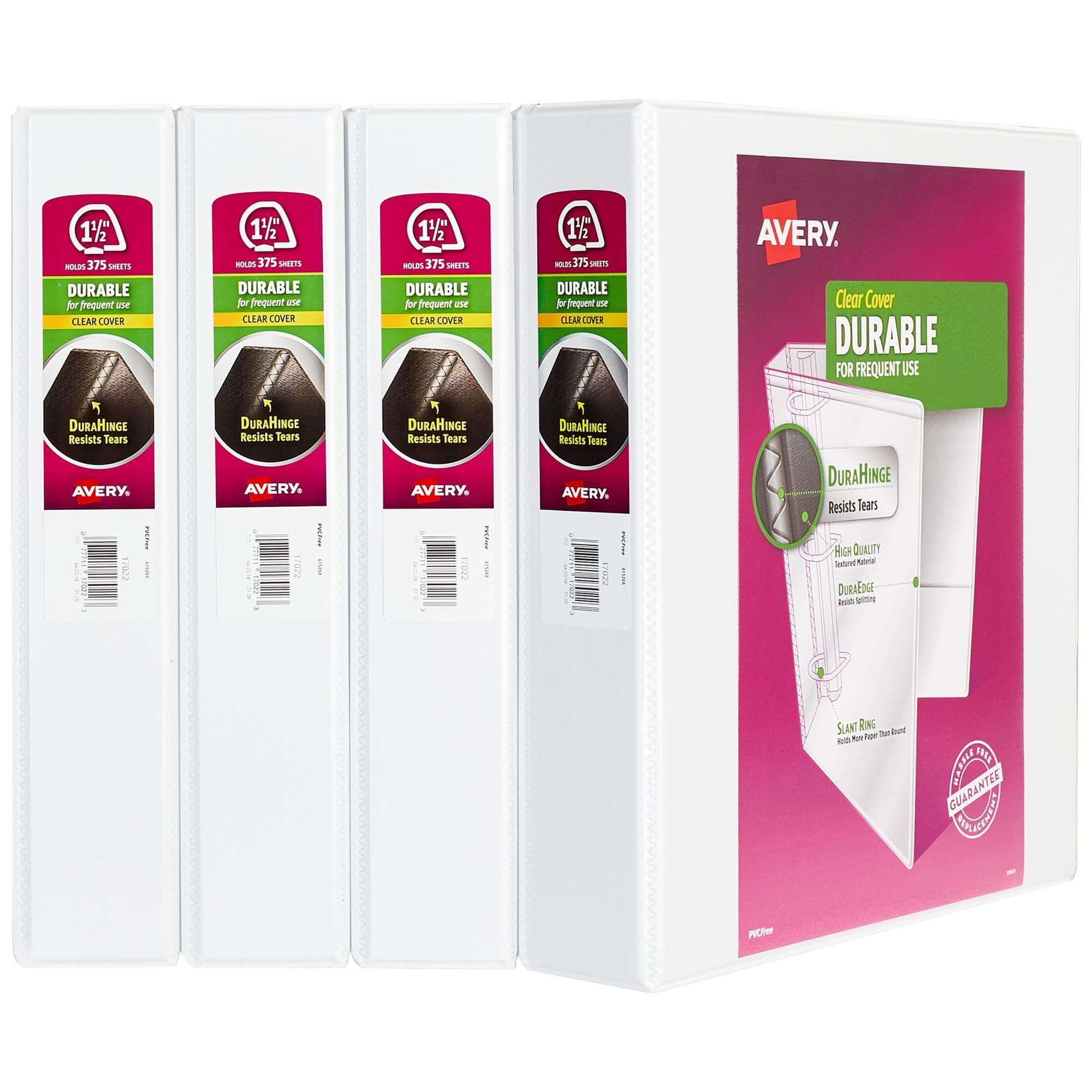 Avery Durable View 3 Ring Binders for Home School Supplies, Office Supplies, or Home Organization, 1.5" Slant Ring, 4 White Binders (17576)