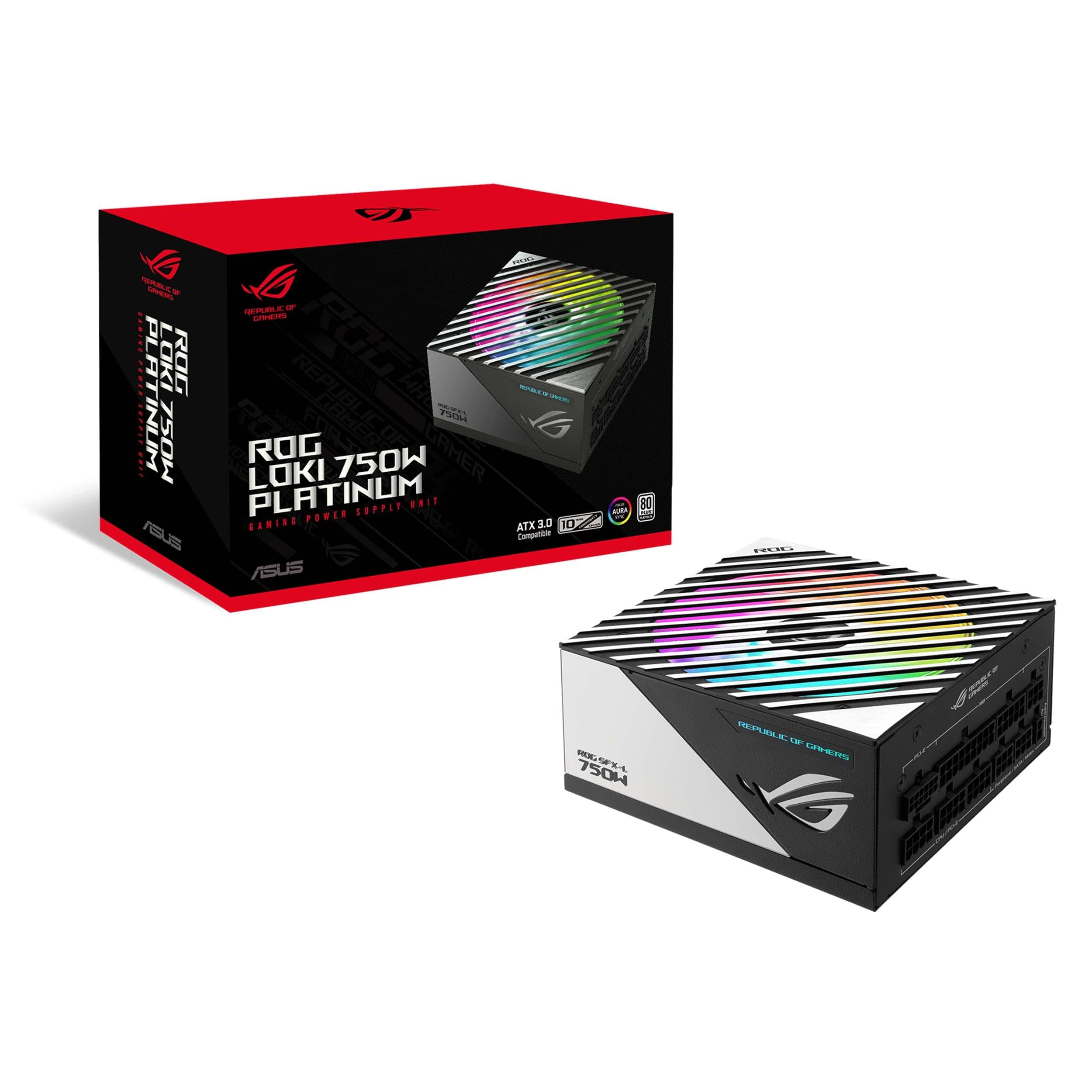 ROG Loki SFX-L 750W Fully Modular Power Supply, 80Plus Platinum Efficiency, PCIe Gen 5.0, 120mm Dual Ball Bearing Fan, ATX 3.0 Compatible, aRGB Aura Sync-Black/White