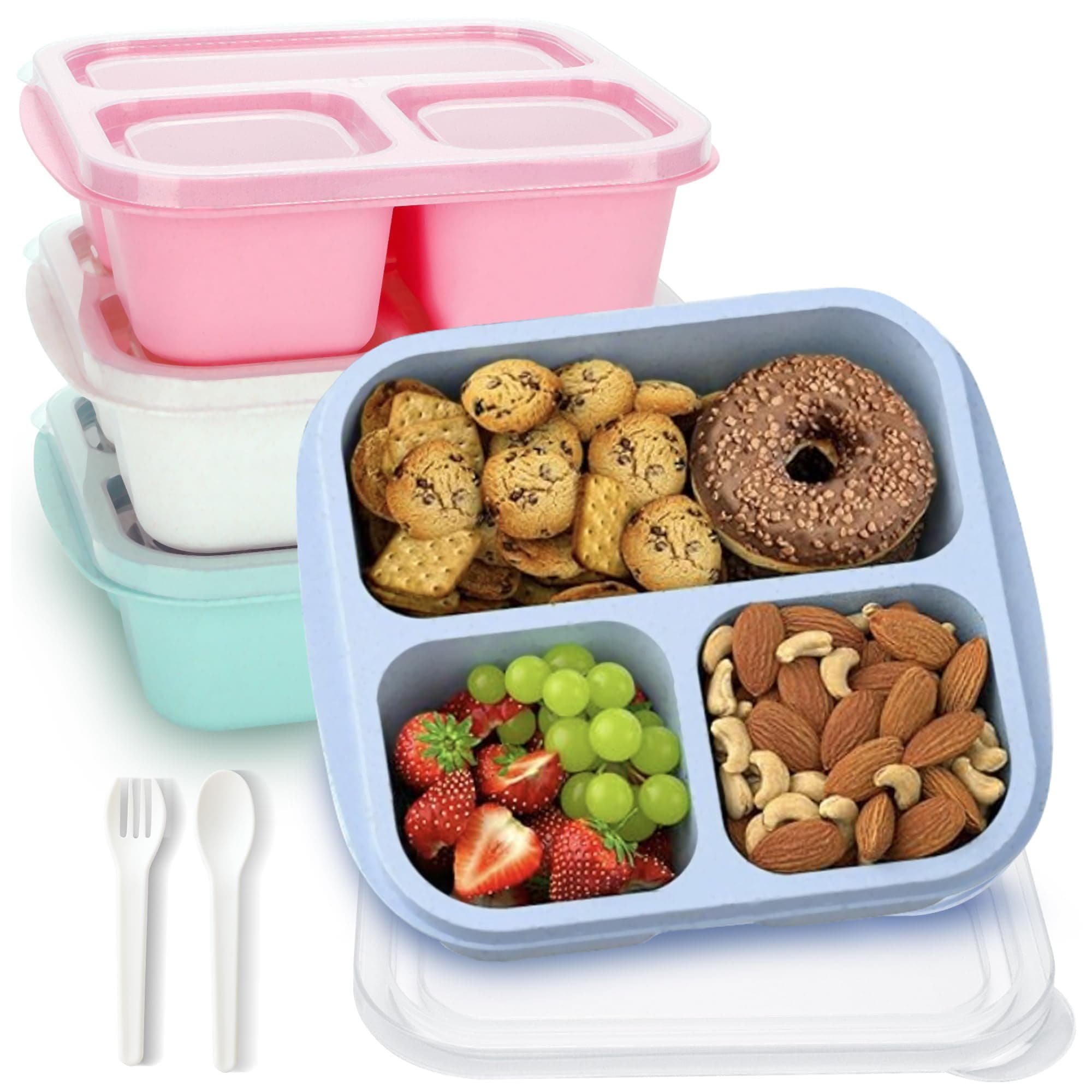 Snack Containers, Reusable 4 Divided Compartments Bento Snack Box Meal Prep Containers with Snacks, Fruits, Nuts, Cookies, Candies (Green/Blue/Pink/White)