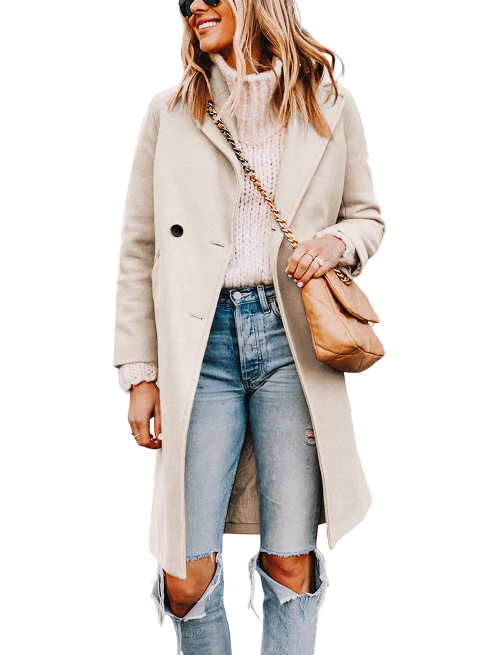 TanmingWomen's Notch Lapel Double Breasted Wool Blend Mid Long Pea Trench Coat