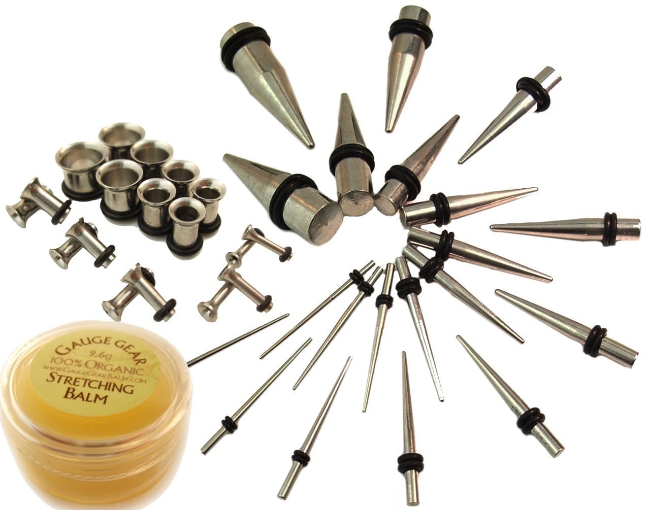 The Epic PLUS Starter Kit Now Featuring Gauge Gear Stretching Balm ~ 38 Pc 316L Stainless Steel Ear Stretching Taper Kit - 20pc Tapers 16g-00g and 18pc Tunnels 14g-00g