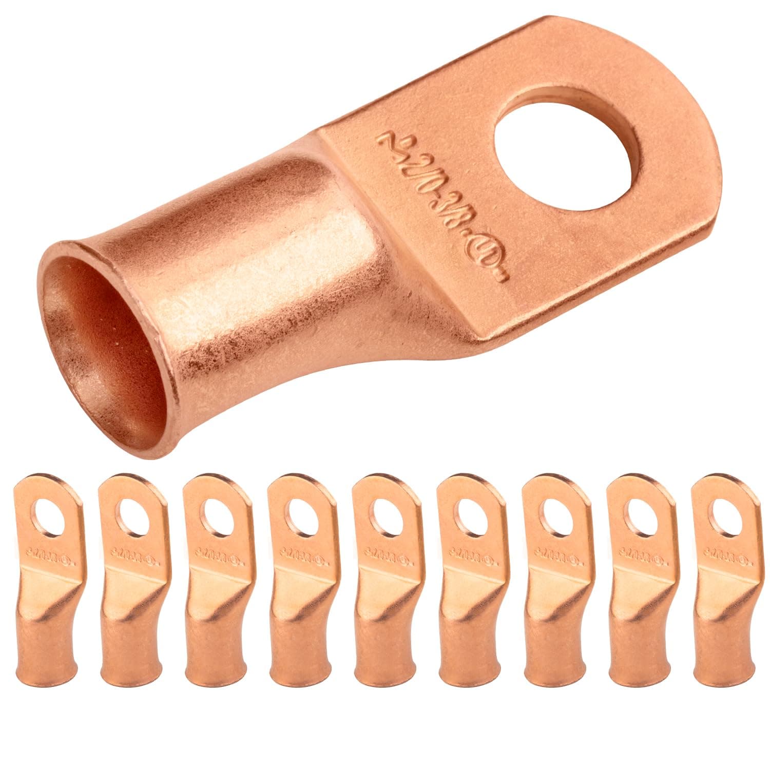 SELTERM 10pcs 2/0 AWG - 3/8" Stud - Battery Lugs, Heavy Duty Wire Lugs, Ring Terminals, Battery Cable Ends,00 Gauge Terminals, UL Bare Copper Eyelets Electrical Battery Terminal Connectors