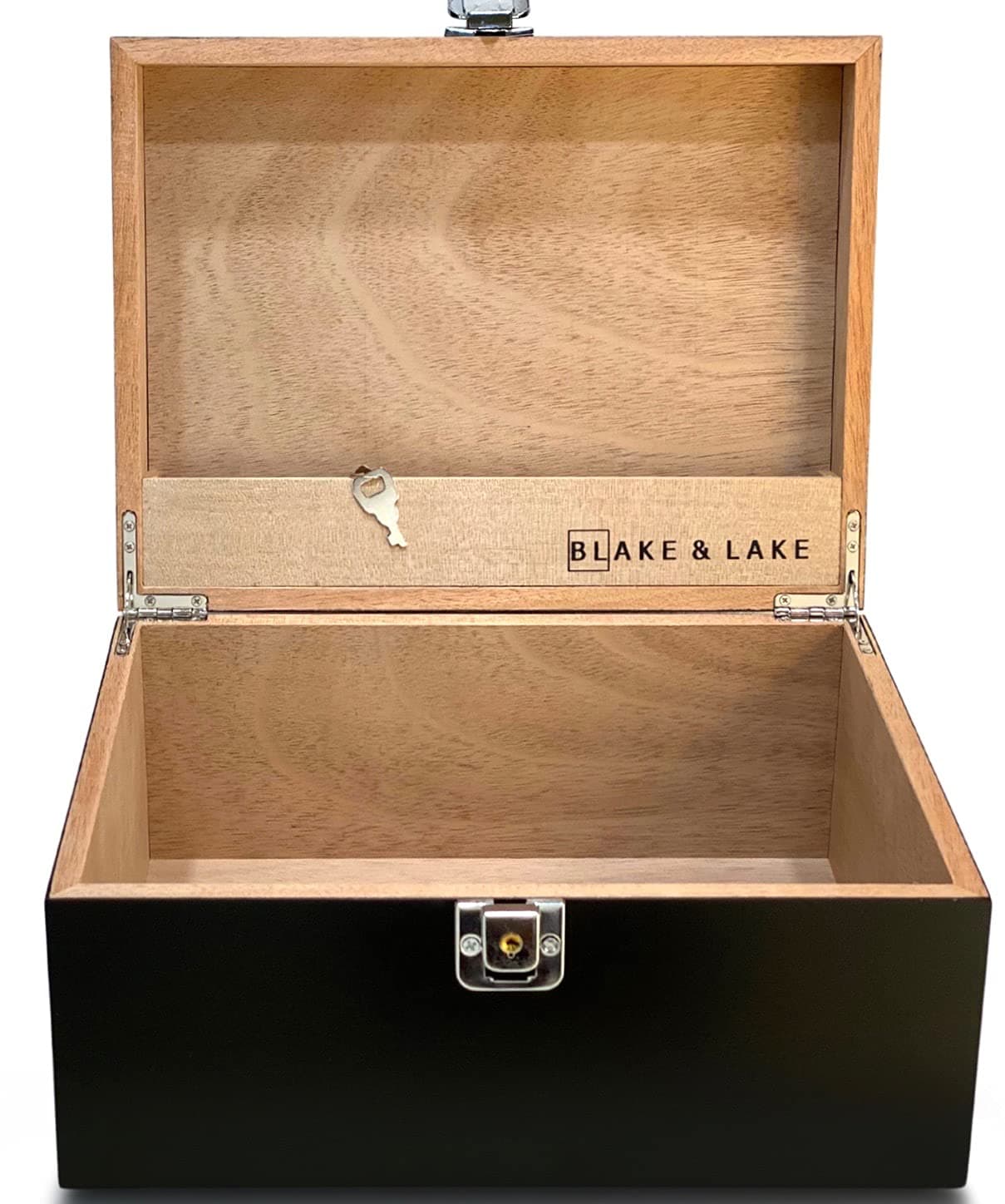 Locking Wood Storage Box - Decorative box for Home or Office - Wooden Box with Hinged Lid Keepsake Box with Lock (Black)